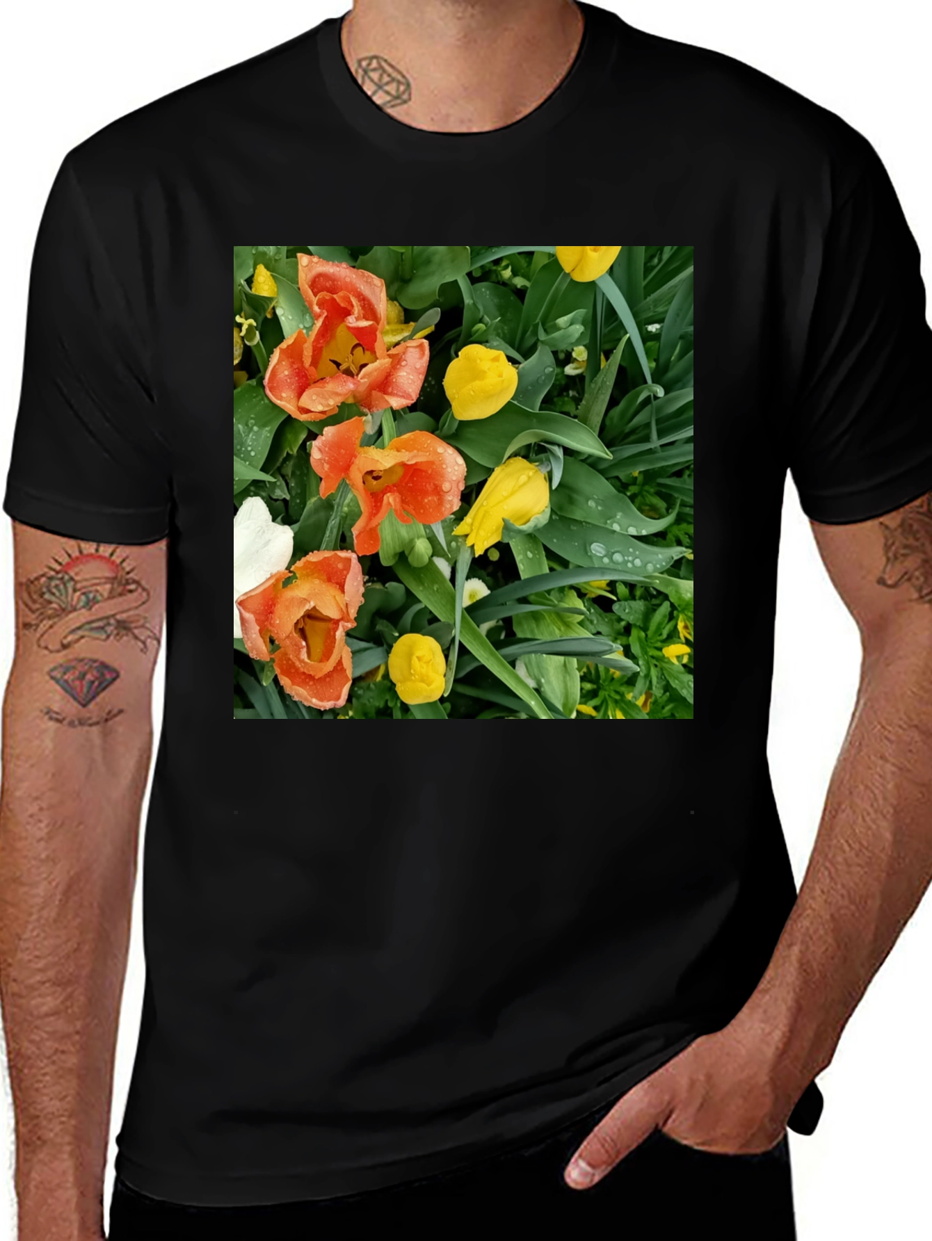 Variant 10 of Floral Print Tee - Garden Tulips Black T-Shirt