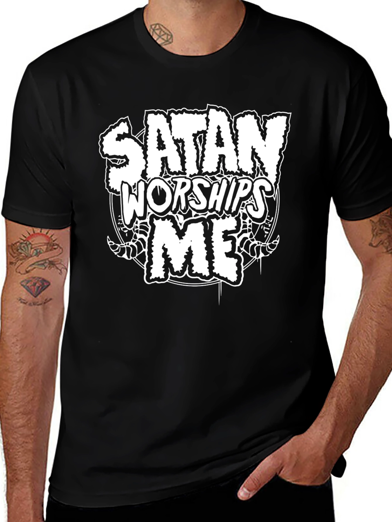 Variant 25 of Satan Worships Me Graphic T-Shirt - Black Cotton Tee