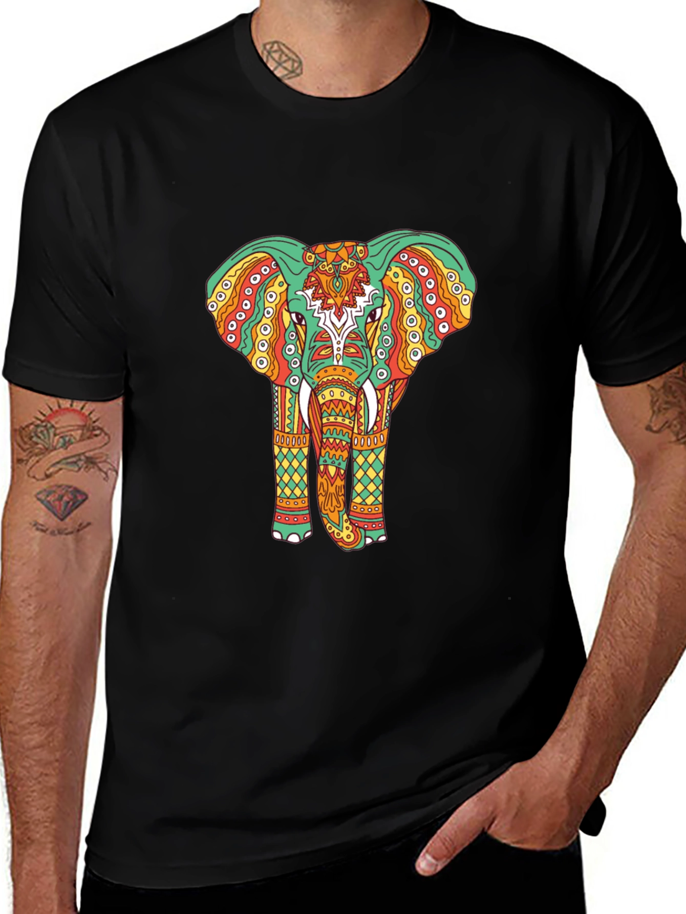 Variant 26 of Elephant Graphic Tee - Bohemian Style Black T-Shirt