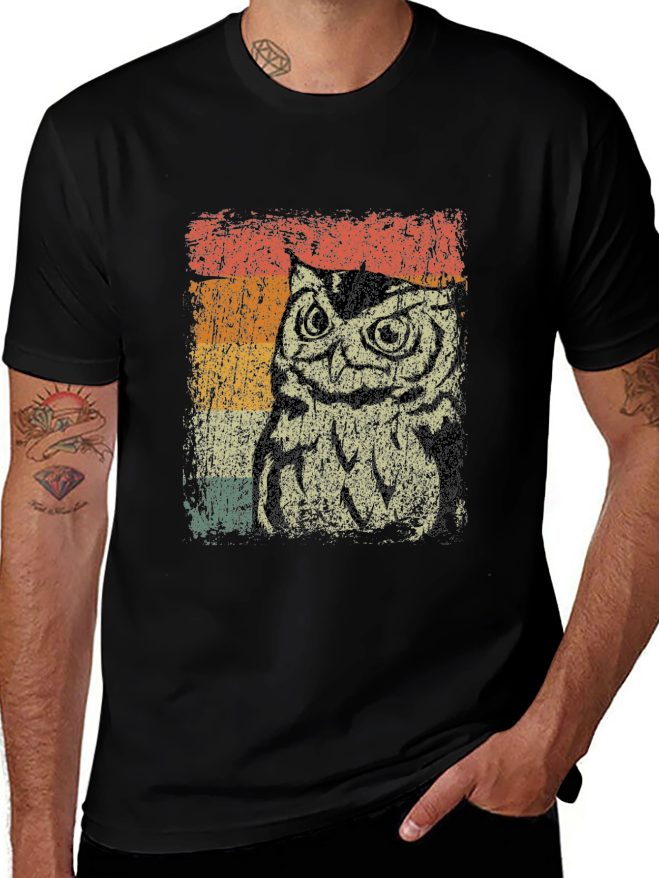 Variant 14 of Vintage Owl Graphic Tee - Black Cotton Blend
