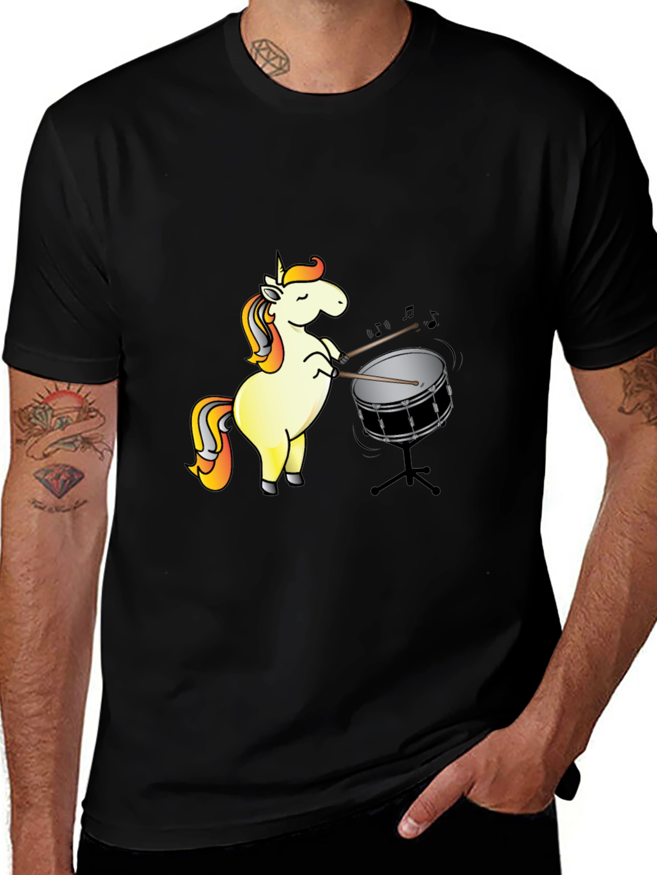Variant 30 of Unicorn Drummer Graphic T-Shirt - Black Cotton Tee