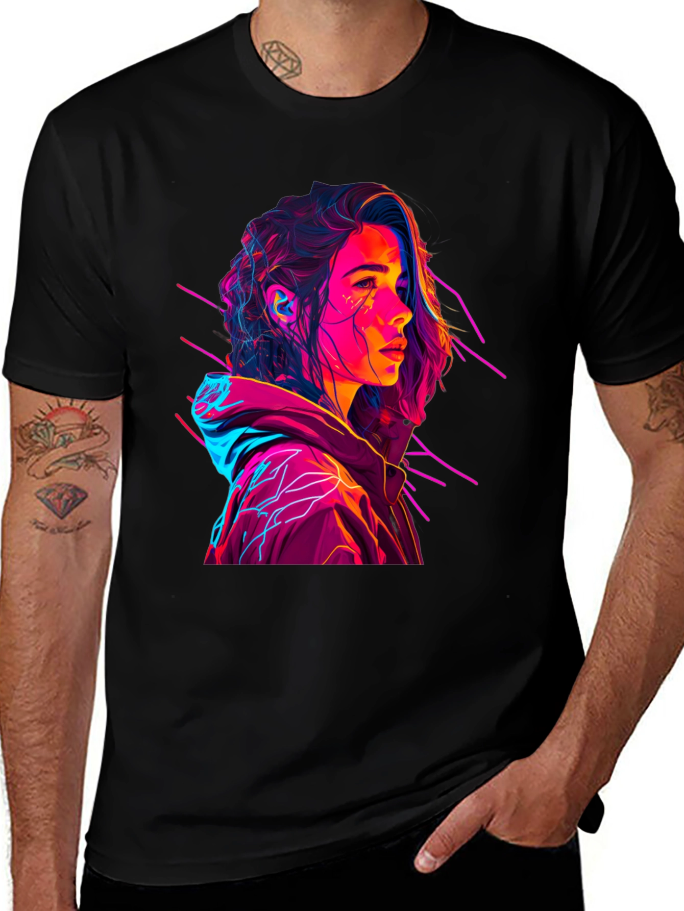 Variant 11 of Neon Art Woman Graphic Print Black T-Shirt