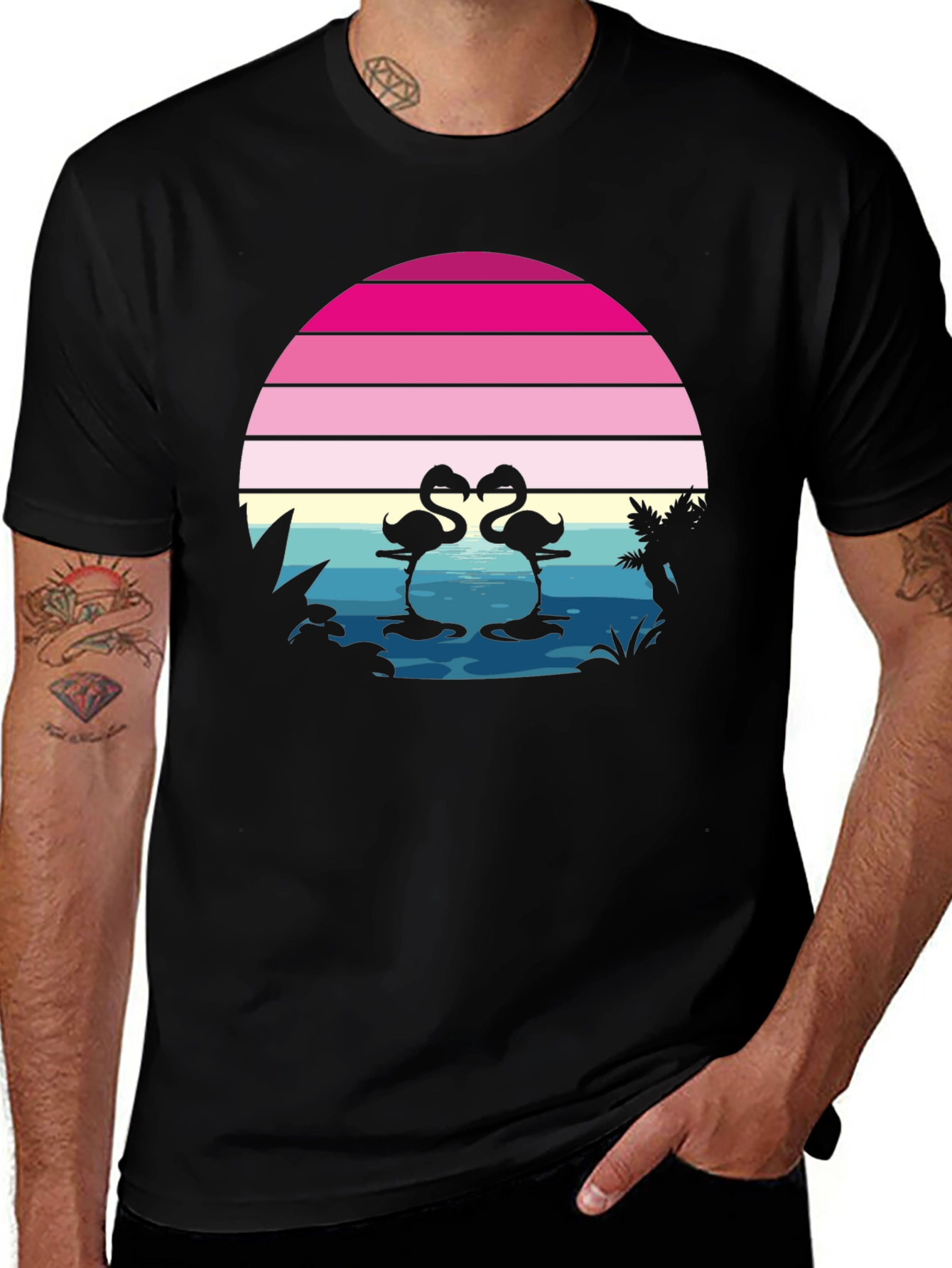 Variant 22 of Retro Flamingo Sunset T-Shirt - Tropical Summer Vibes
