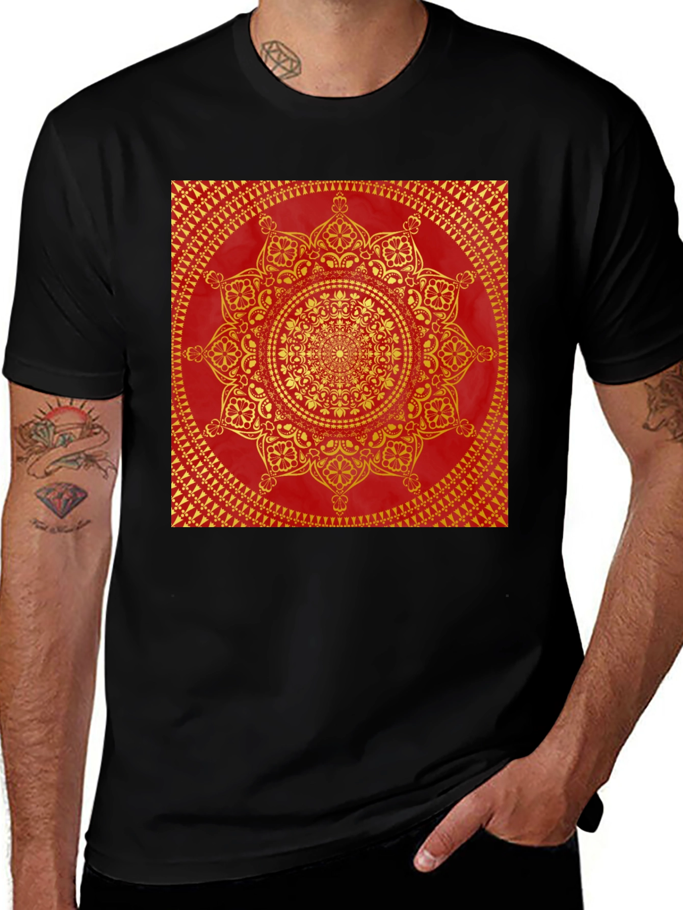 Variant 4 of Red & Gold Mandala Print Black T-Shirt