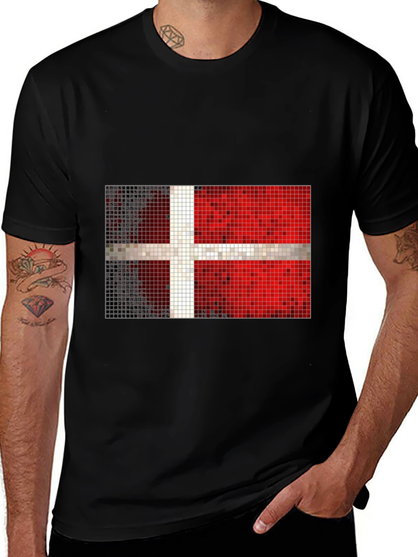 Denmark Flag Pixel T-Shirt - Black Graphic Tee