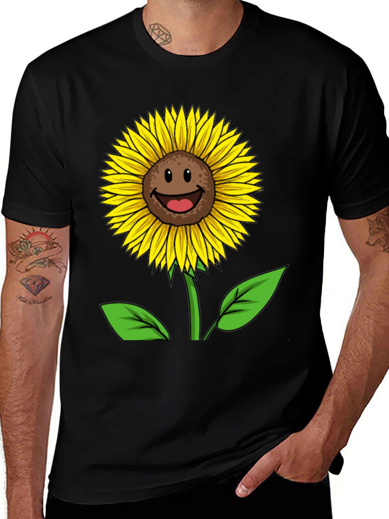 Variant 18 of Smiling Sunflower Graphic Tee - Black Cotton Blend