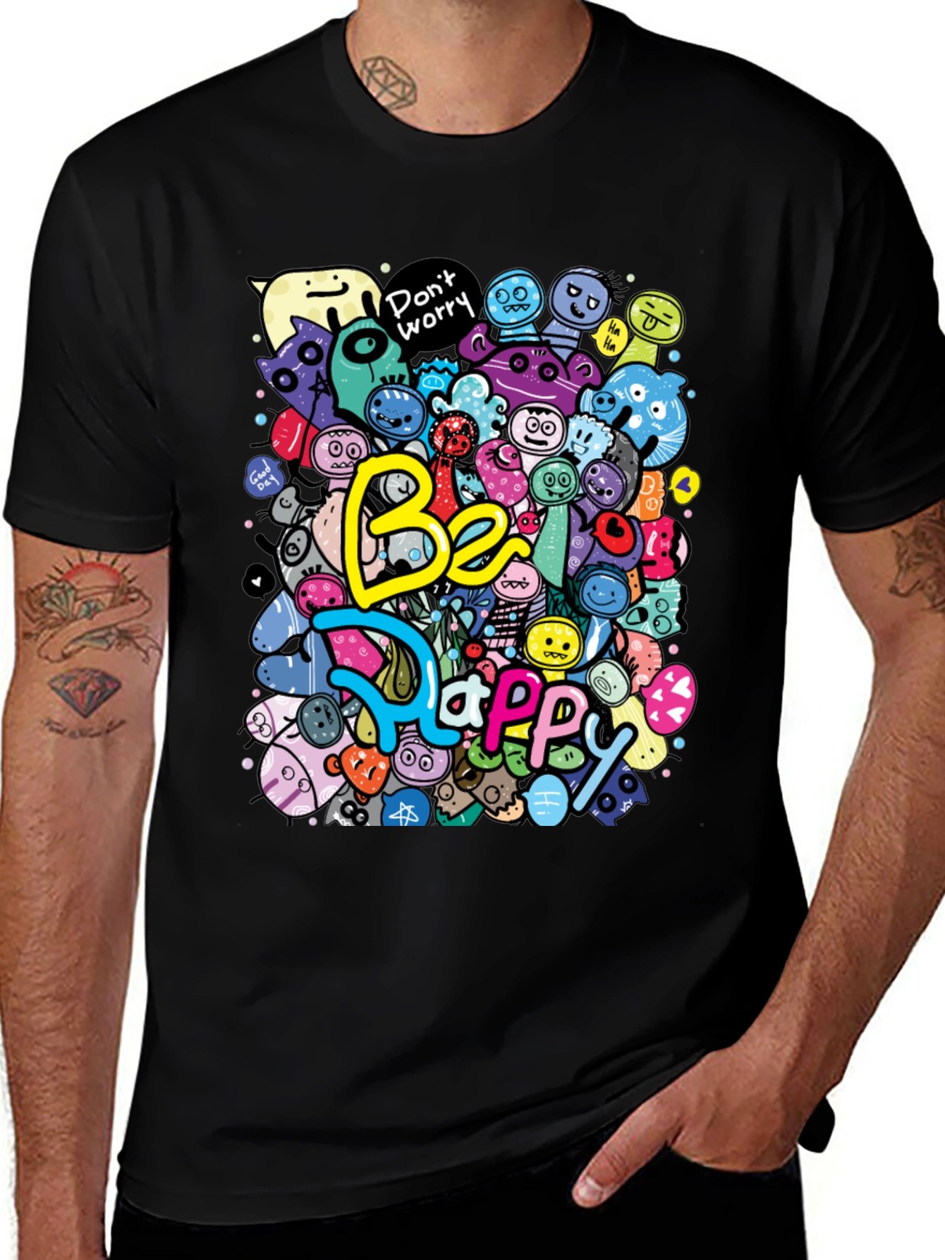 Variant 26 of Be Happy Graphic Tee -  Colorful Doodle Design