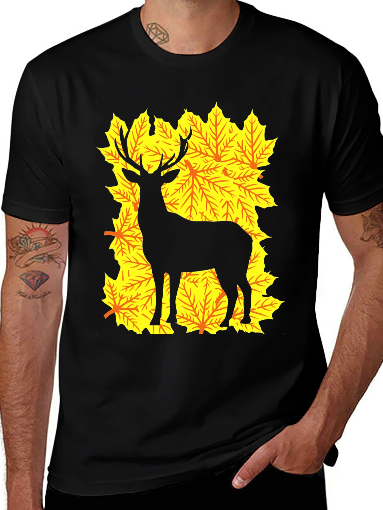 Variant 6 of Deer Silhouette on Autumn Leaves Graphic Tee