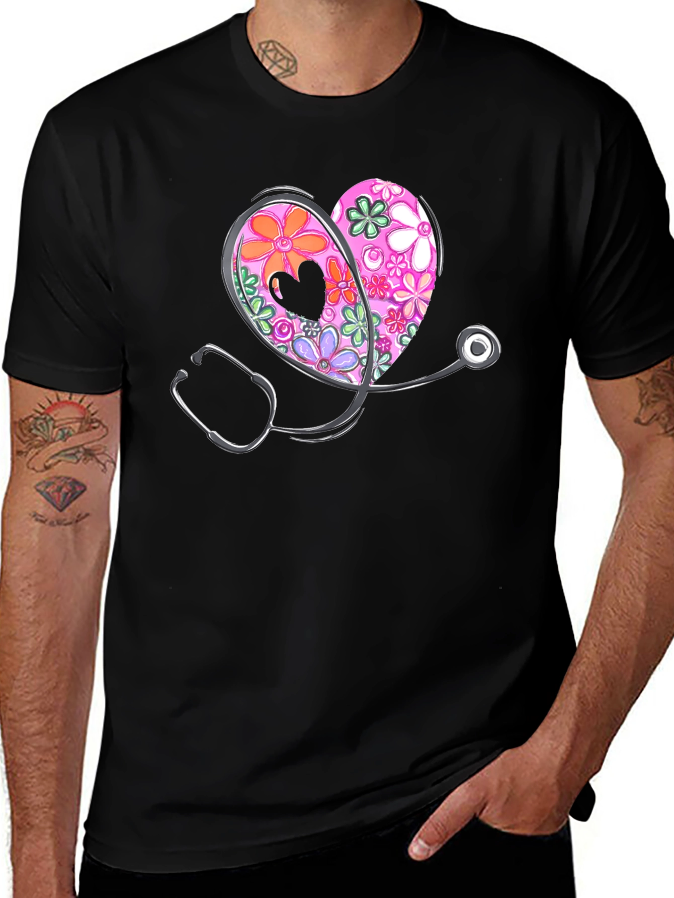 Variant 11 of Floral Heart Stethoscope Graphic T-Shirt
