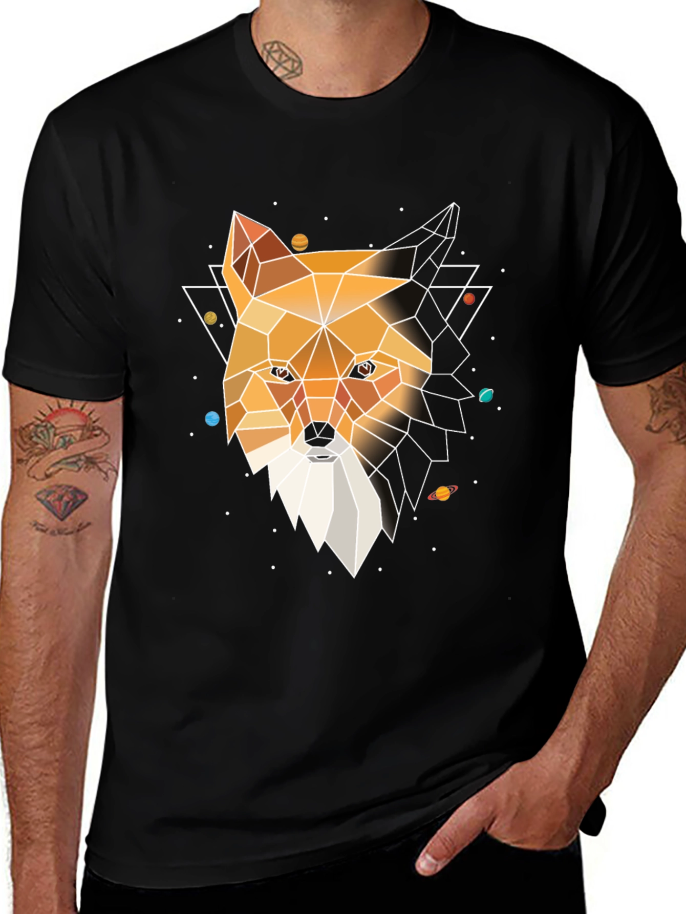 Black Geometric Fox Head Graphic Tee - Modern Black T-Shirt main image