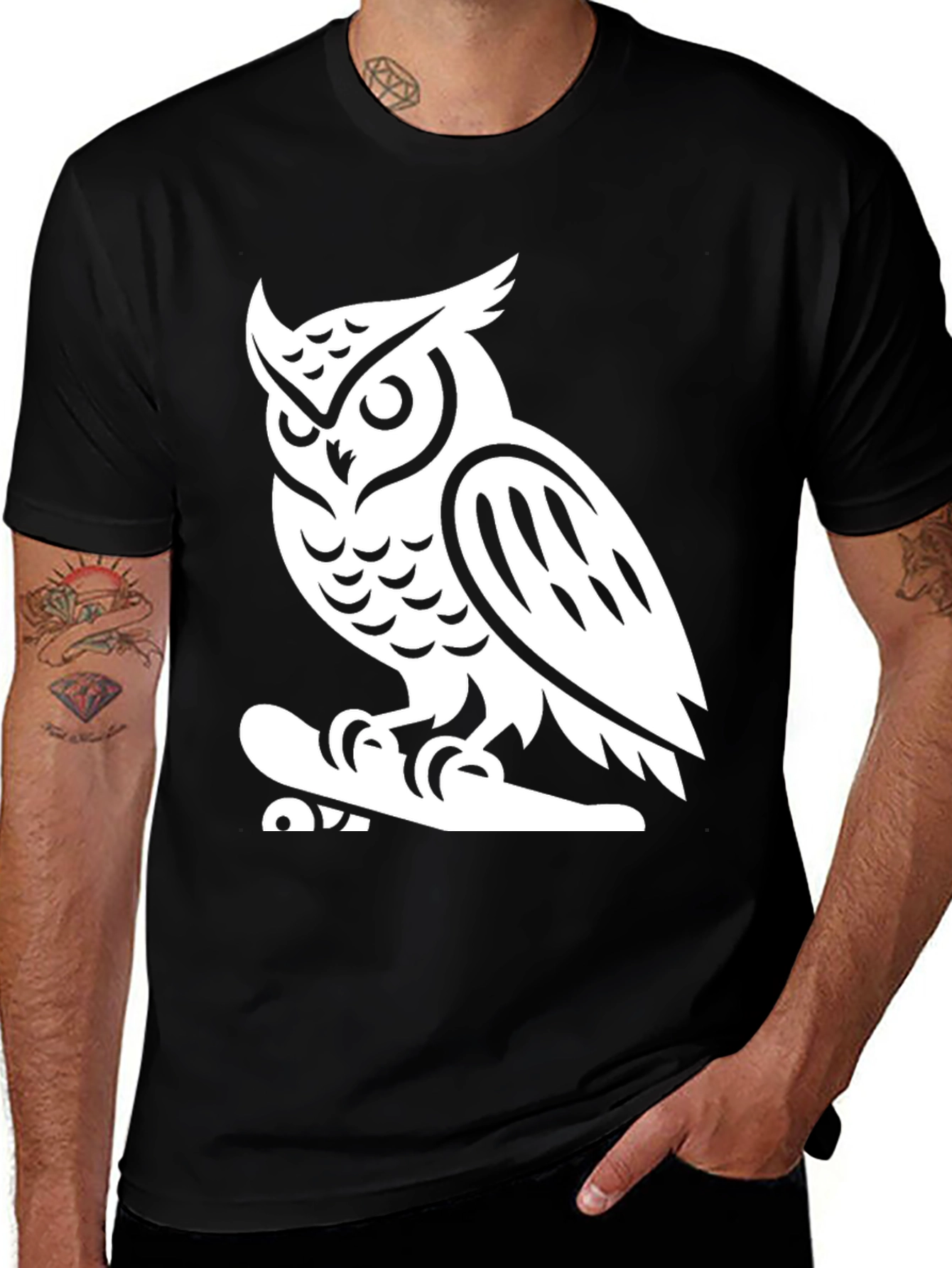 Variant 15 of Owl Skateboard Graphic Tee - Black Cotton T-Shirt