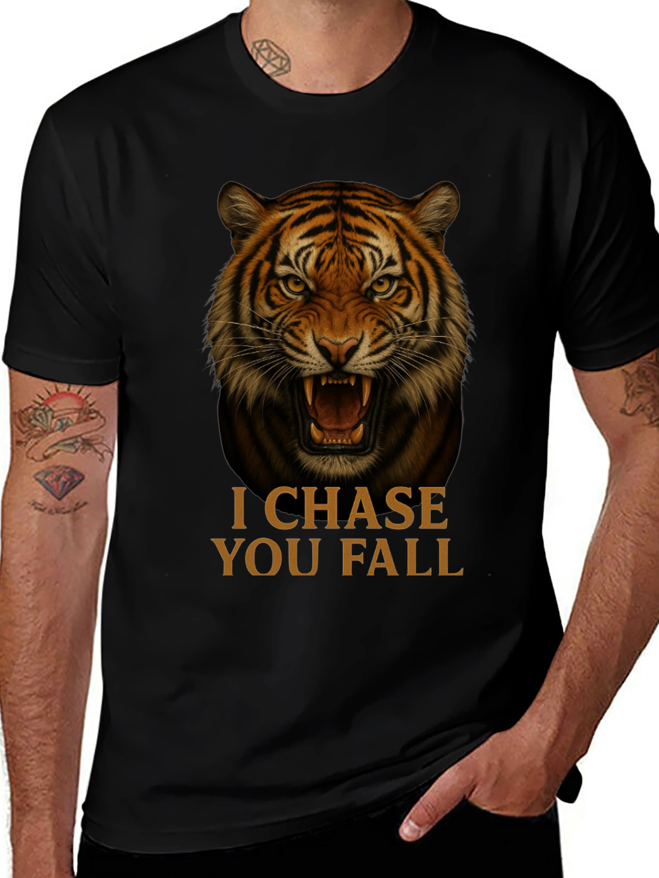 Variant 12 of Tiger Graphic Black T-Shirt - "I Chase You Fall"