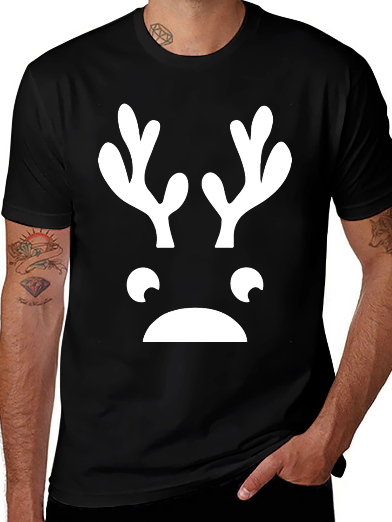 Variant 21 of Funny Reindeer Face Graphic Tee - Black T-Shirt