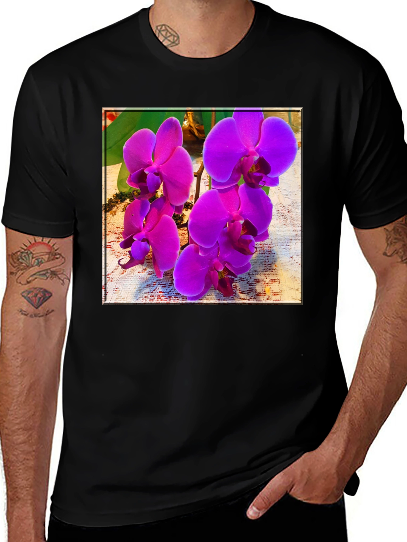 Variant 12 of Orchid Flower Print Black T-Shirt