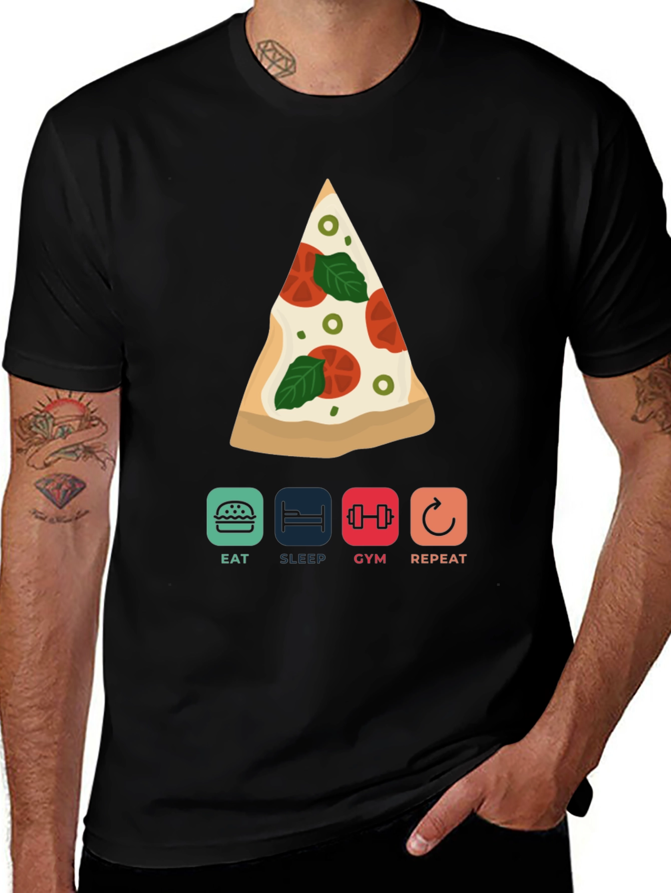 Variant 5 of Eat Sleep Gym Pizza Repeat Graphic Tee
