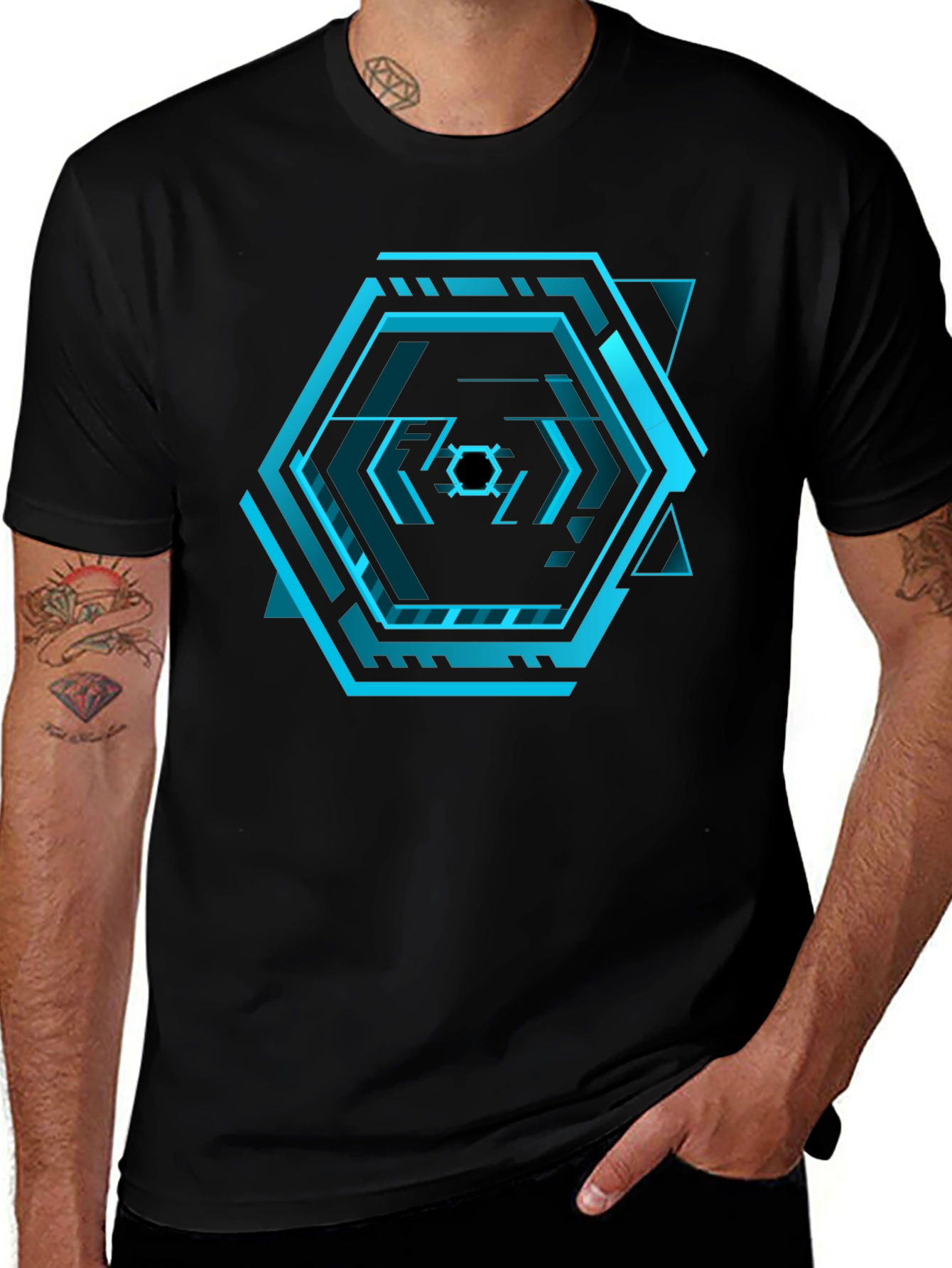 Black Cyberpunk Hexagon Black T-Shirt - Futuristic Design main image