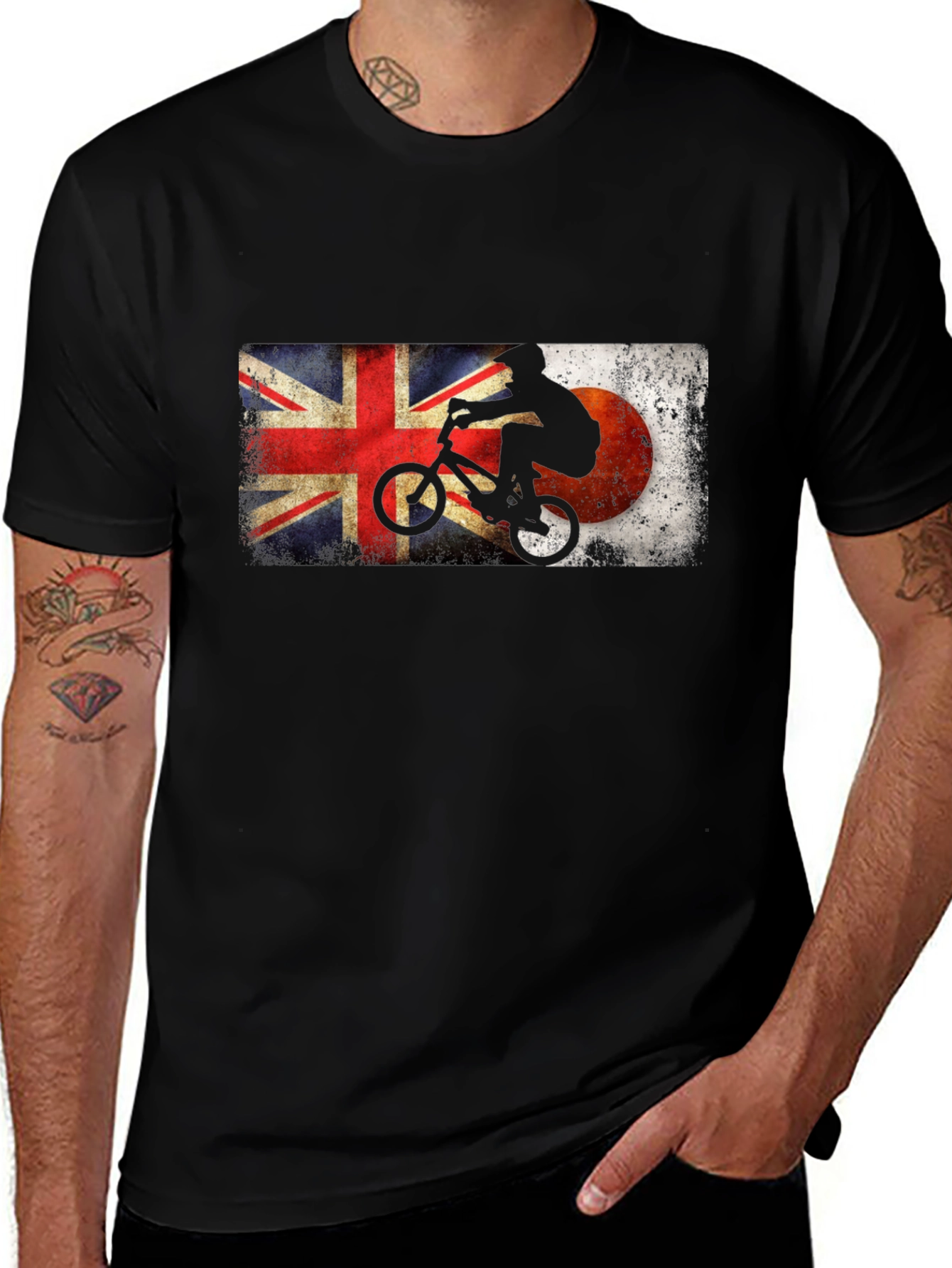 BMX Rider Union Jack & Japan Flag Black T-Shirt