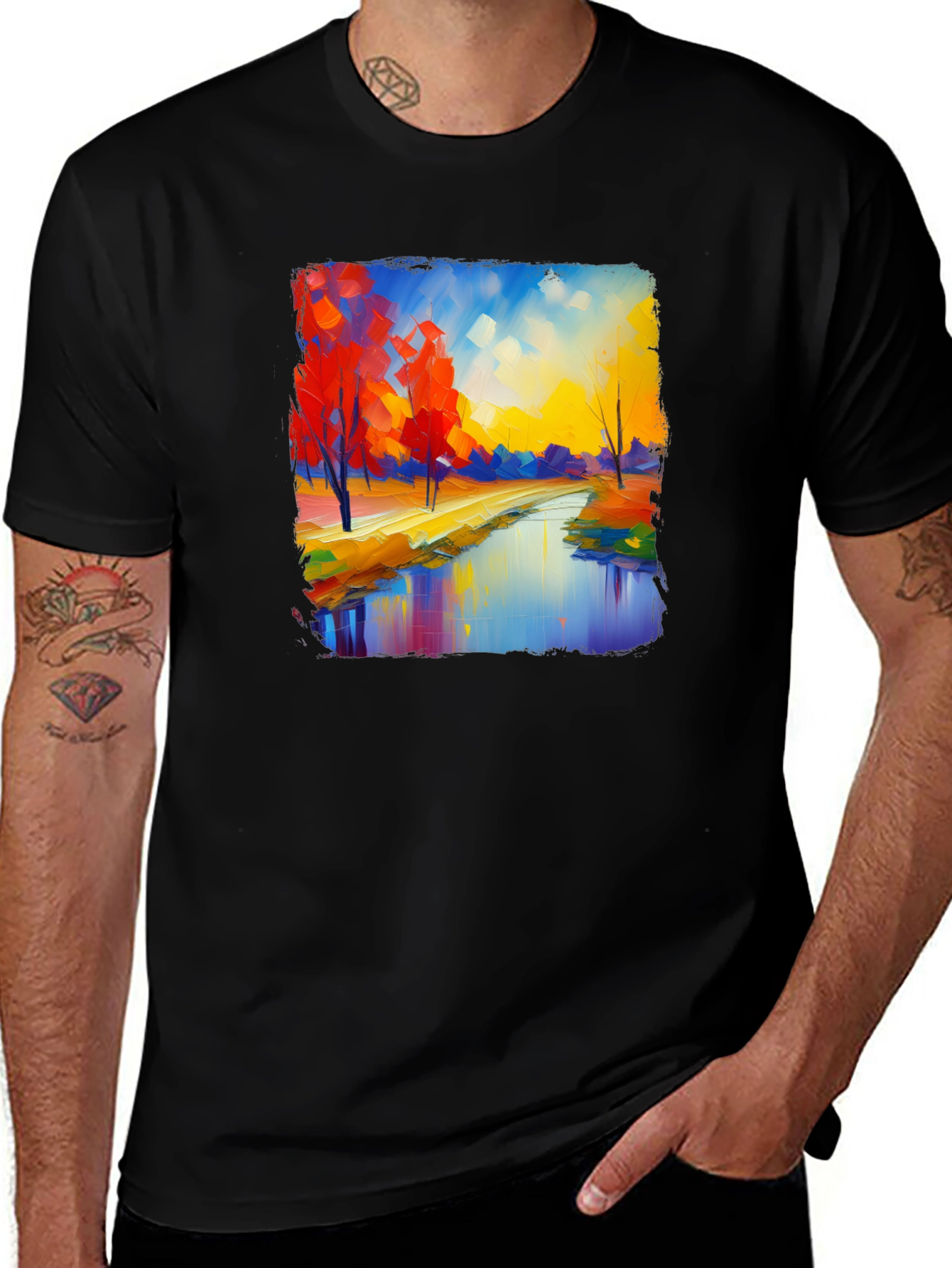 Variant 7 of Vibrant Autumn Landscape Graphic Tee - Black Cotton Casual Shirt