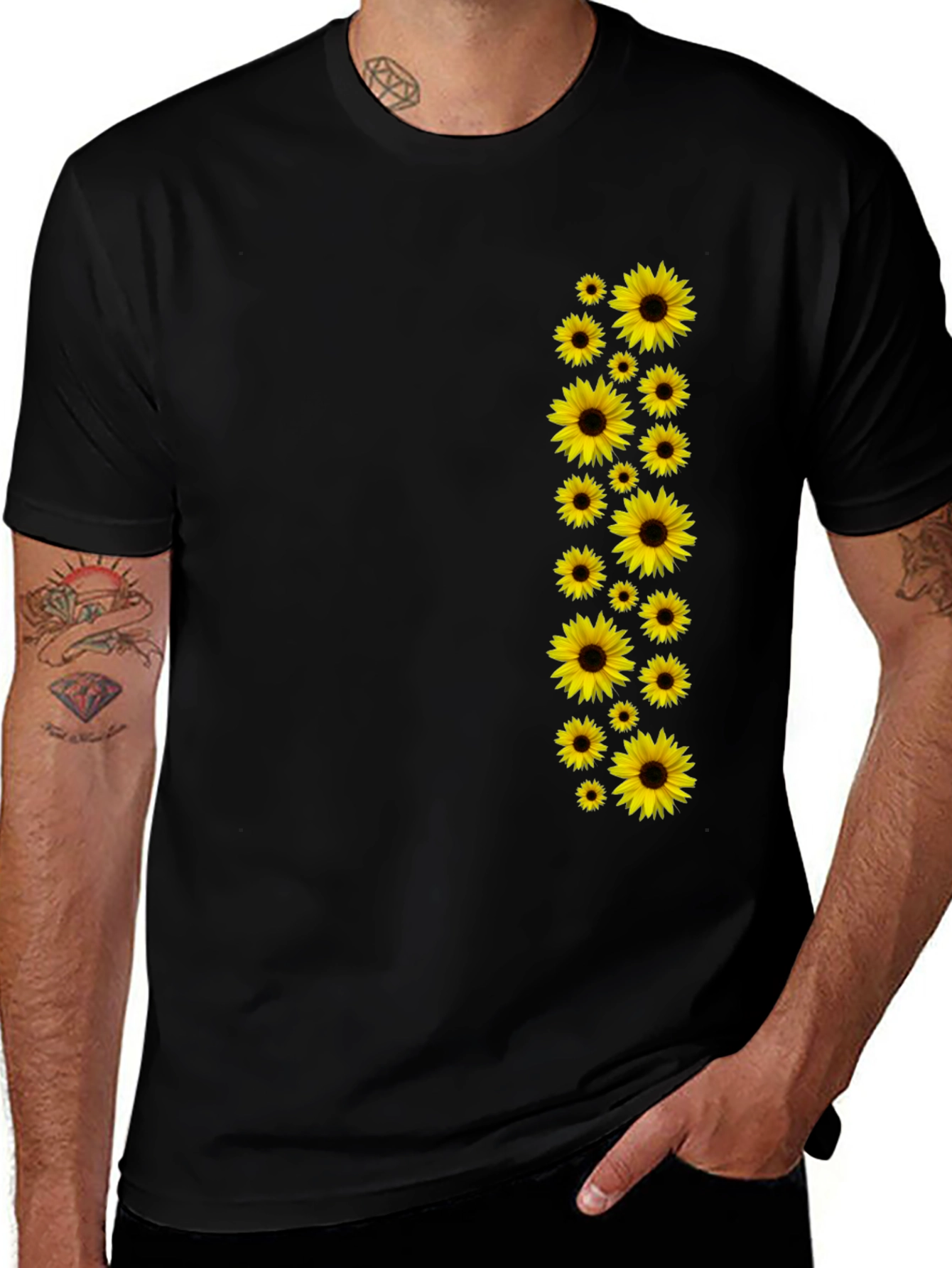 Variant 20 of Sunflower Print Black T-Shirt | Casual Wear