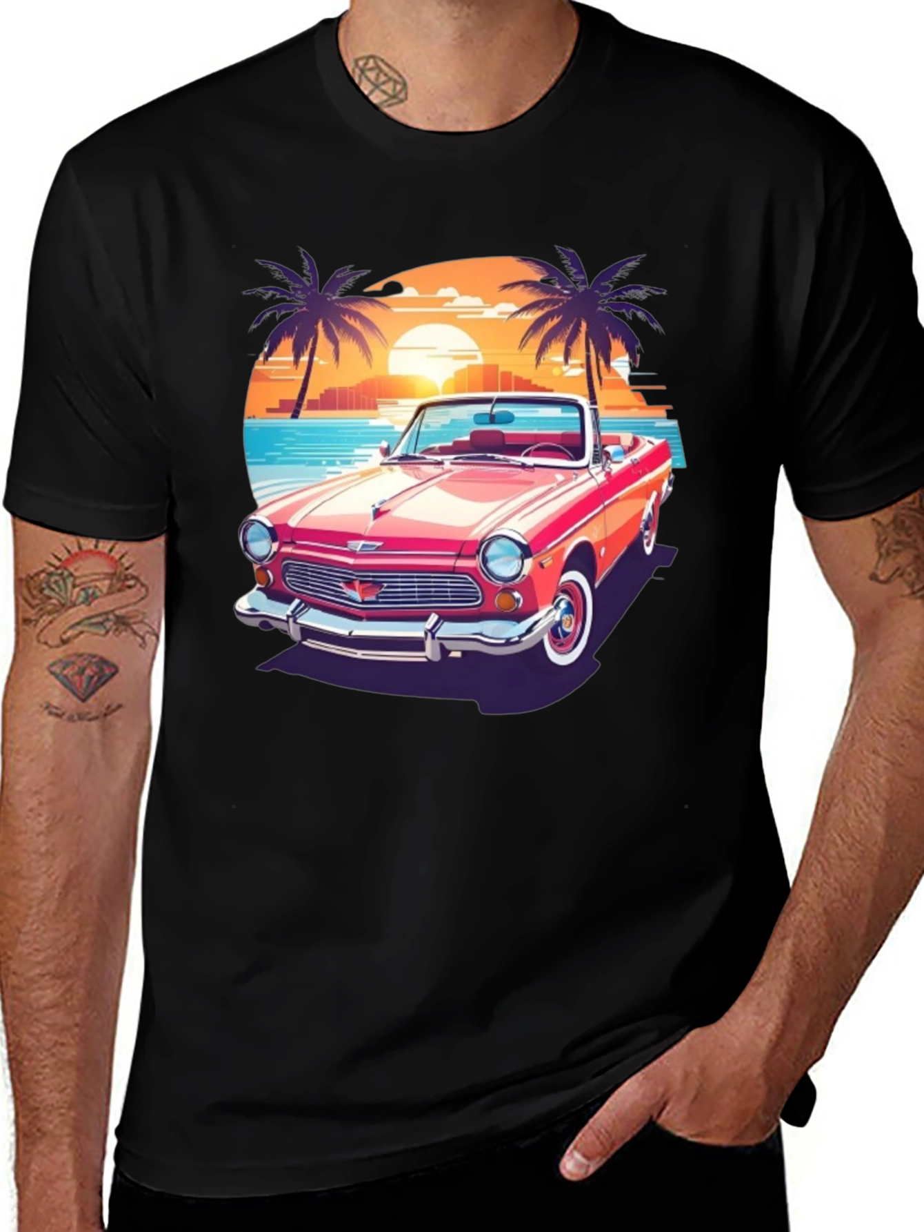 Variant 21 of Retro Convertible Car T-Shirt - Beach Sunset Design