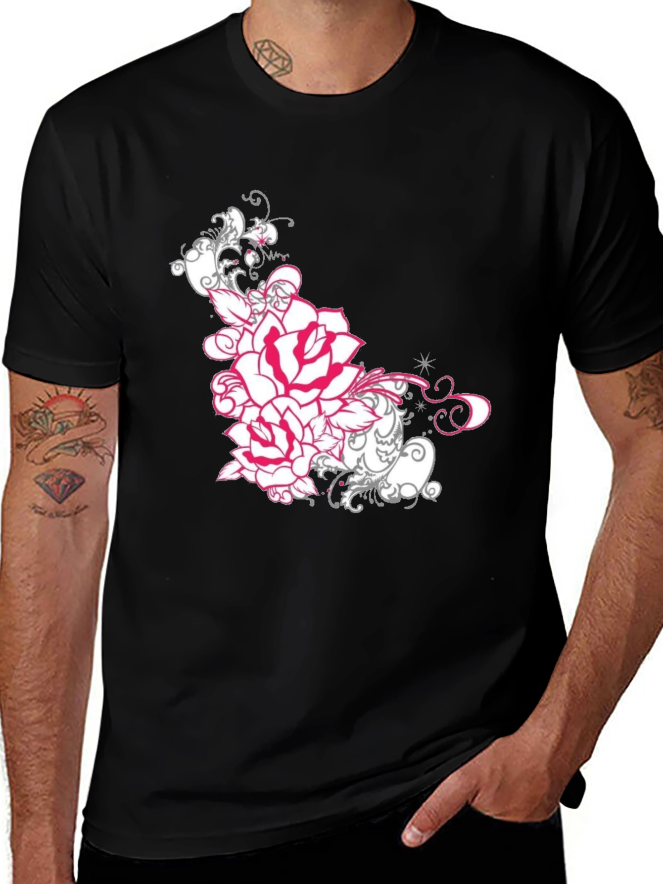 Variant 21 of Floral Rose Graphic Tee - Black Cotton T-Shirt