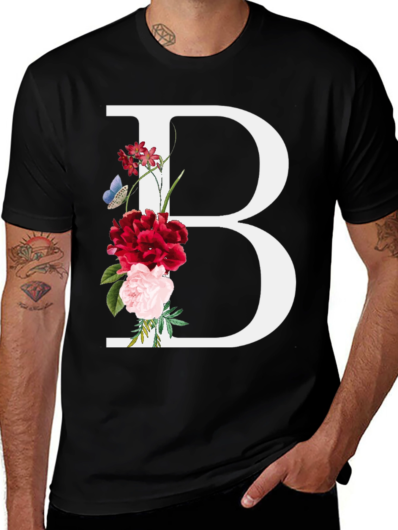 Variant 11 of Floral Initial B Black T-Shirt