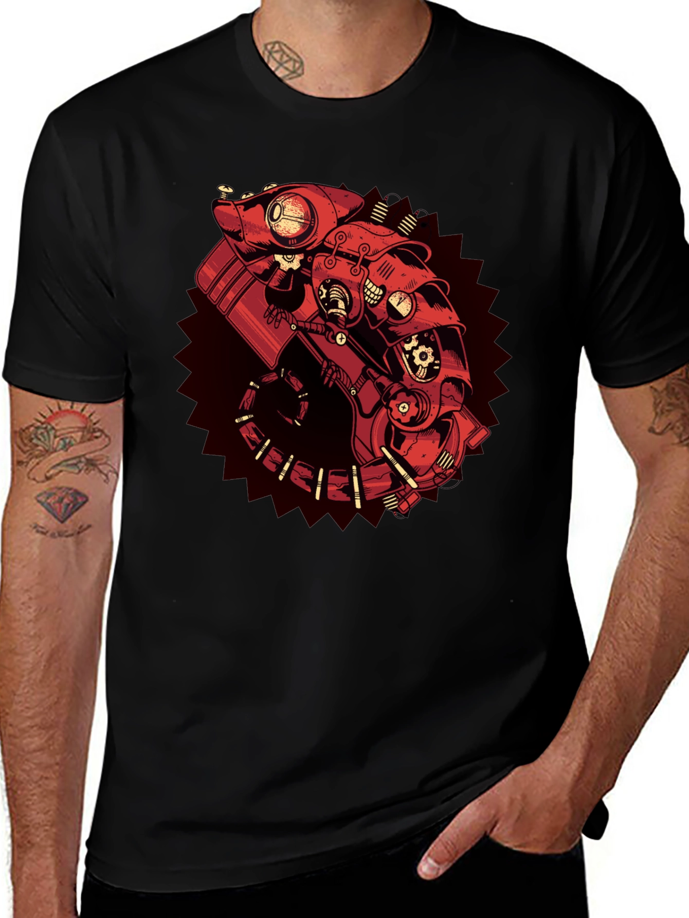 Variant 12 of Steampunk Robot Graphic Tee - Black Cotton T-Shirt