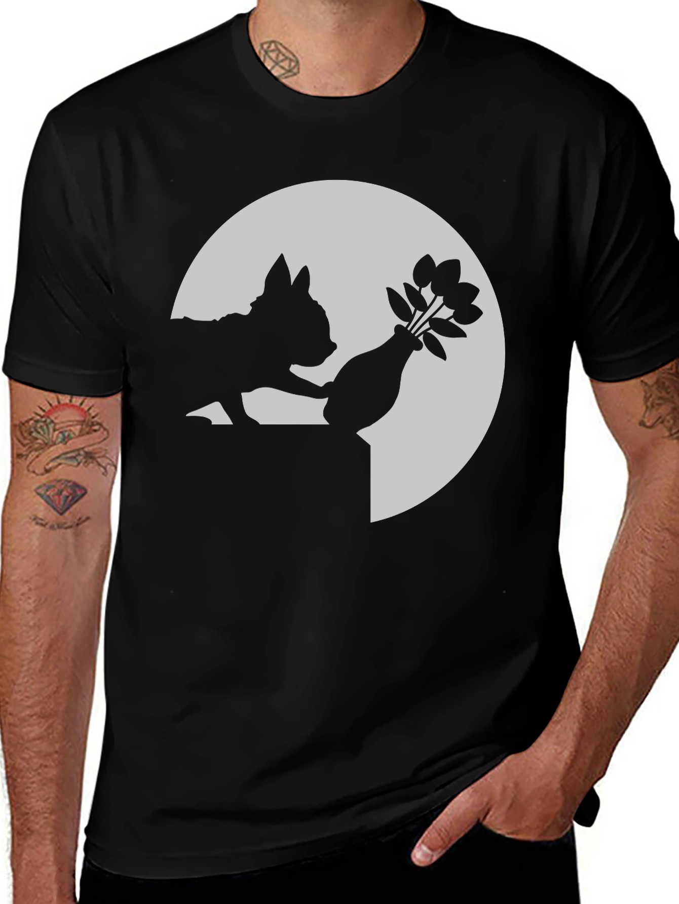 Variant 8 of Silhouette Cat & Flowers Graphic Tee - Black