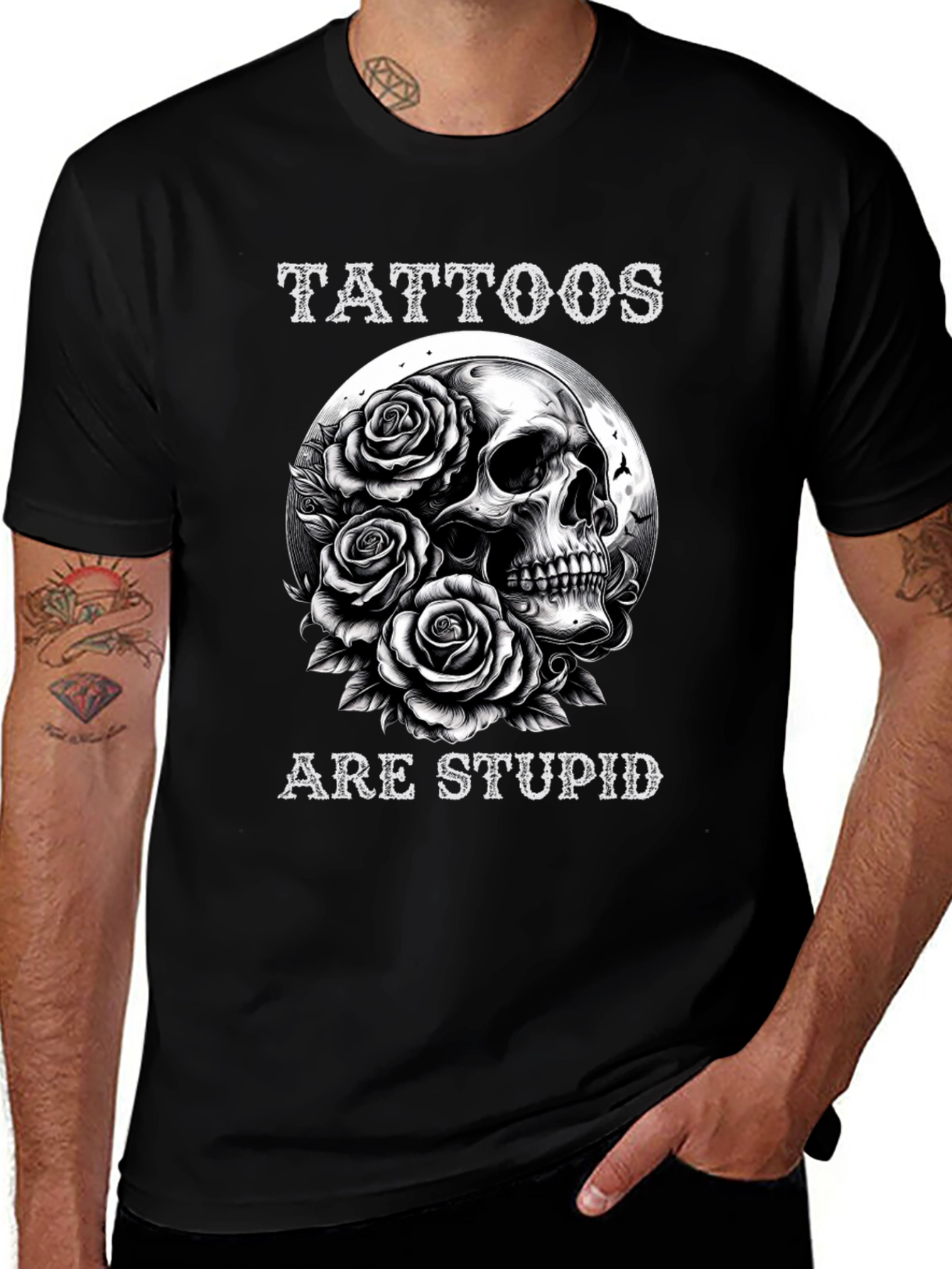 Variant 12 of Tattoos Are Stupid Skull & Roses Black T-Shirt