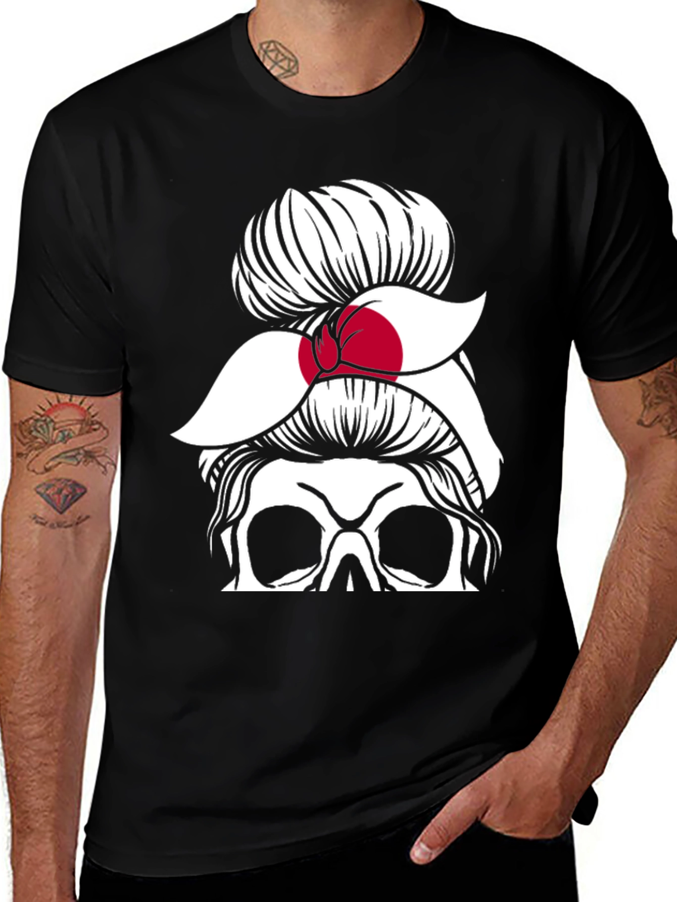 Skull Messy Bun Japan Flag T-Shirt