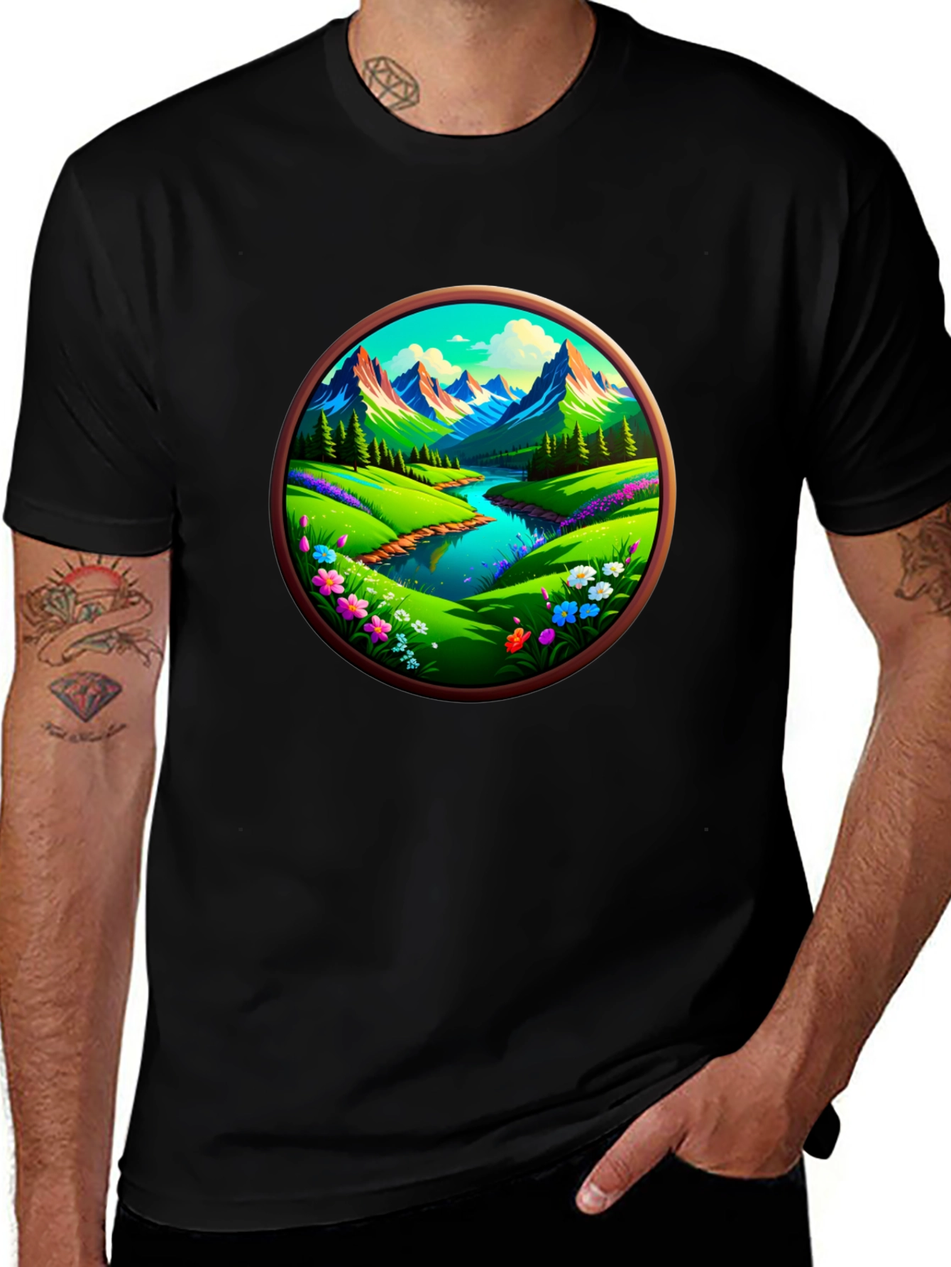 Variant 7 of Nature View Graphic Tee - Round Print, Black Cotton Shirt