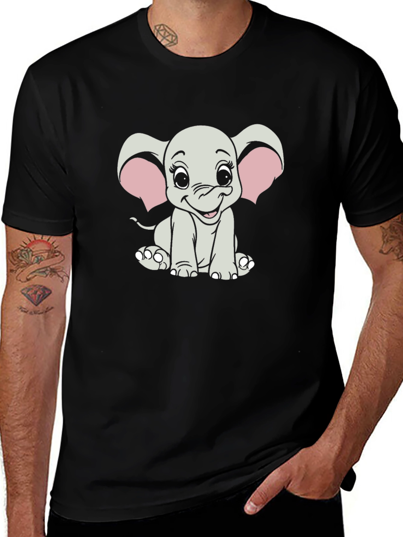 Black Cute Cartoon Elephant Graphic Tee - Unisex Black T-Shirt main image