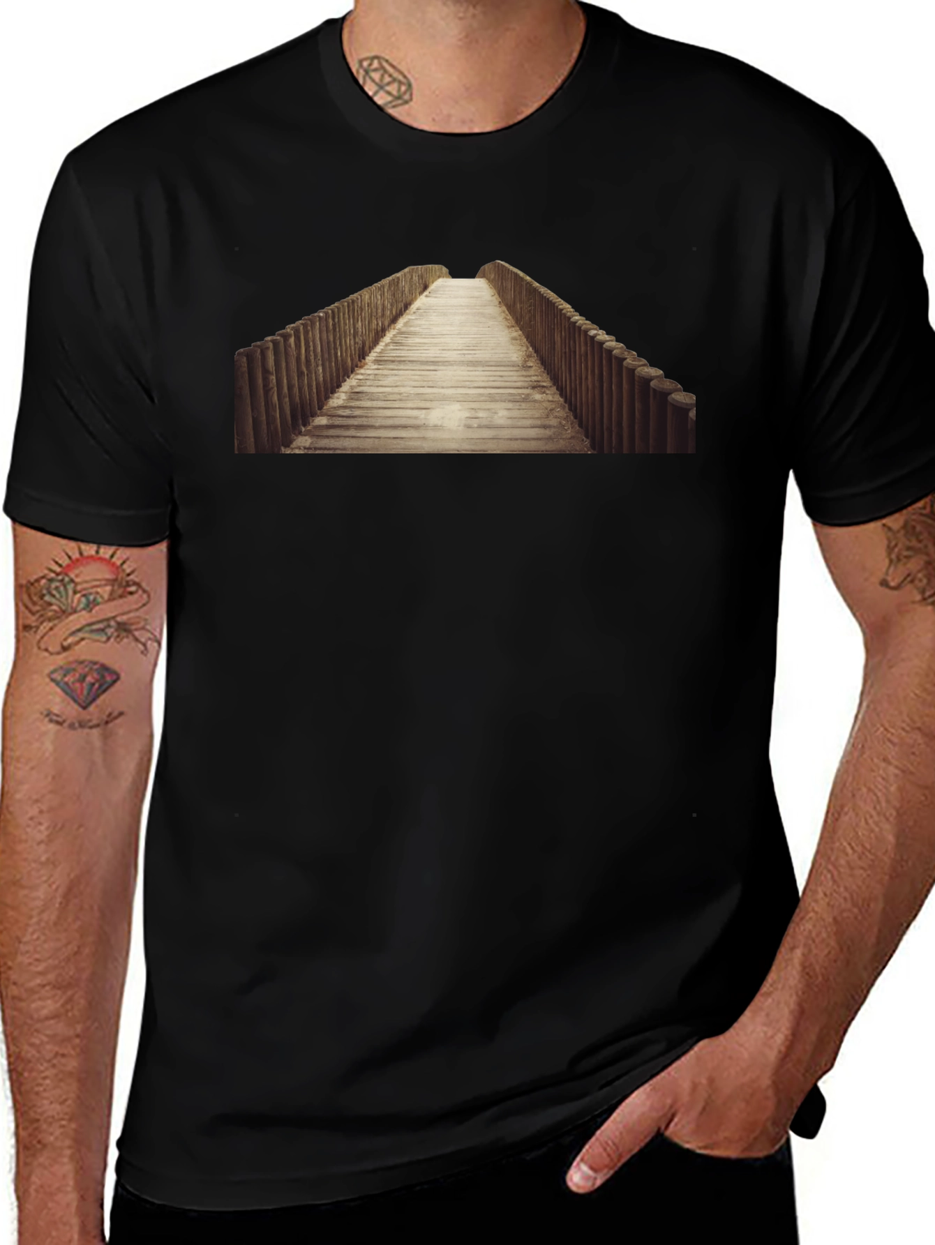 Variant 9 of Wooden Bridge Print Black T-Shirt