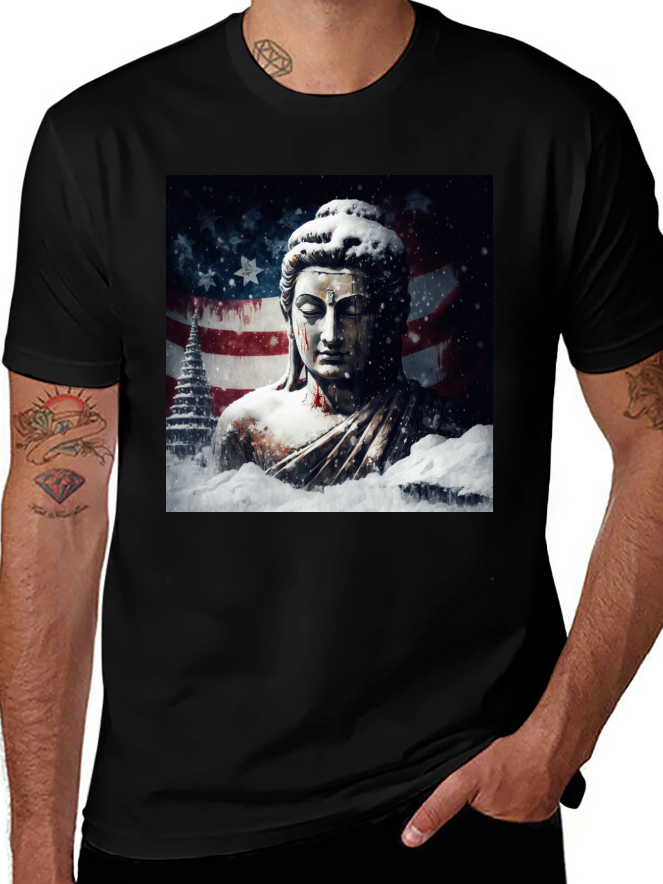 Buddha American Flag Graphic Black Tee