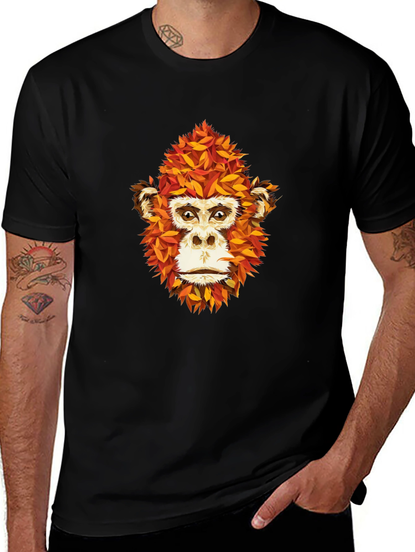 Variant 7 of Unique Monkey Face Leaf Design Black T-Shirt