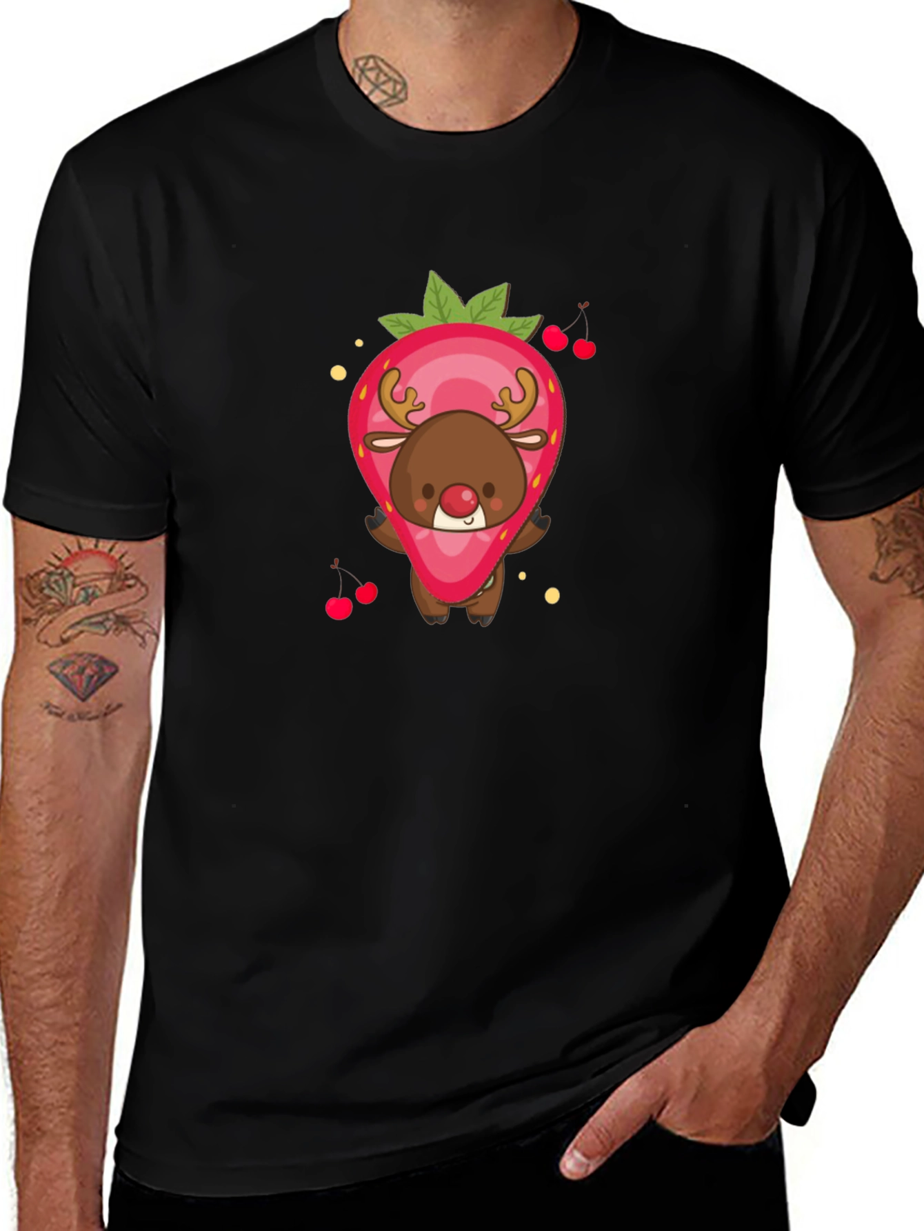 Variant 15 of Strawberry Reindeer Graphic Tee - Black Unisex Shirt