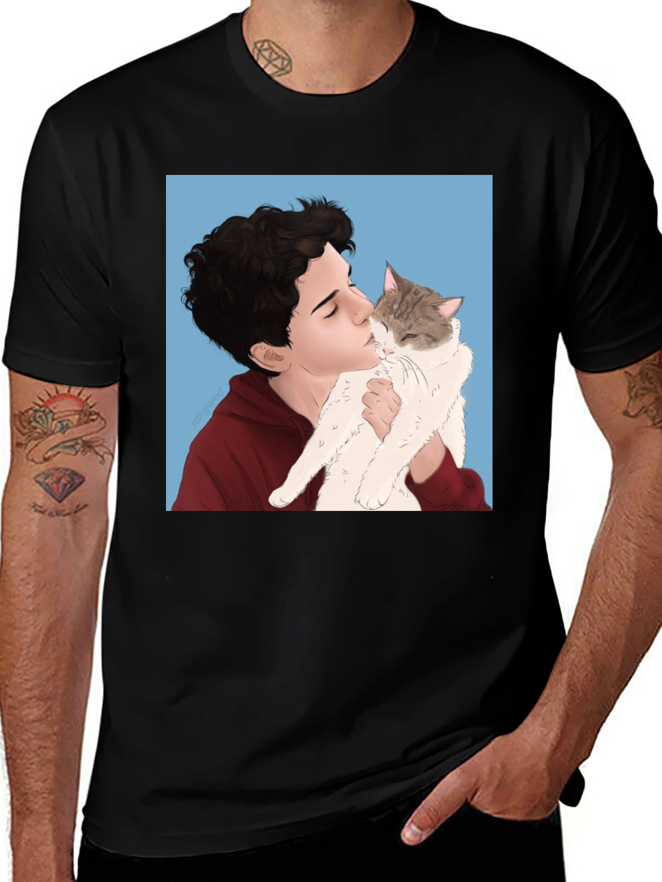 Variant 2 of Man's Black T-Shirt with Boy and Cat Graphic