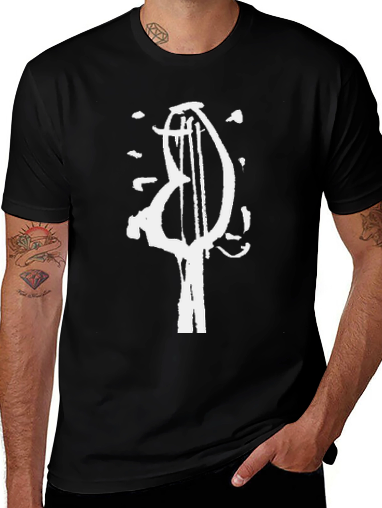 Variant 26 of Black T-Shirt with Abstract Musical Instrument Graphic