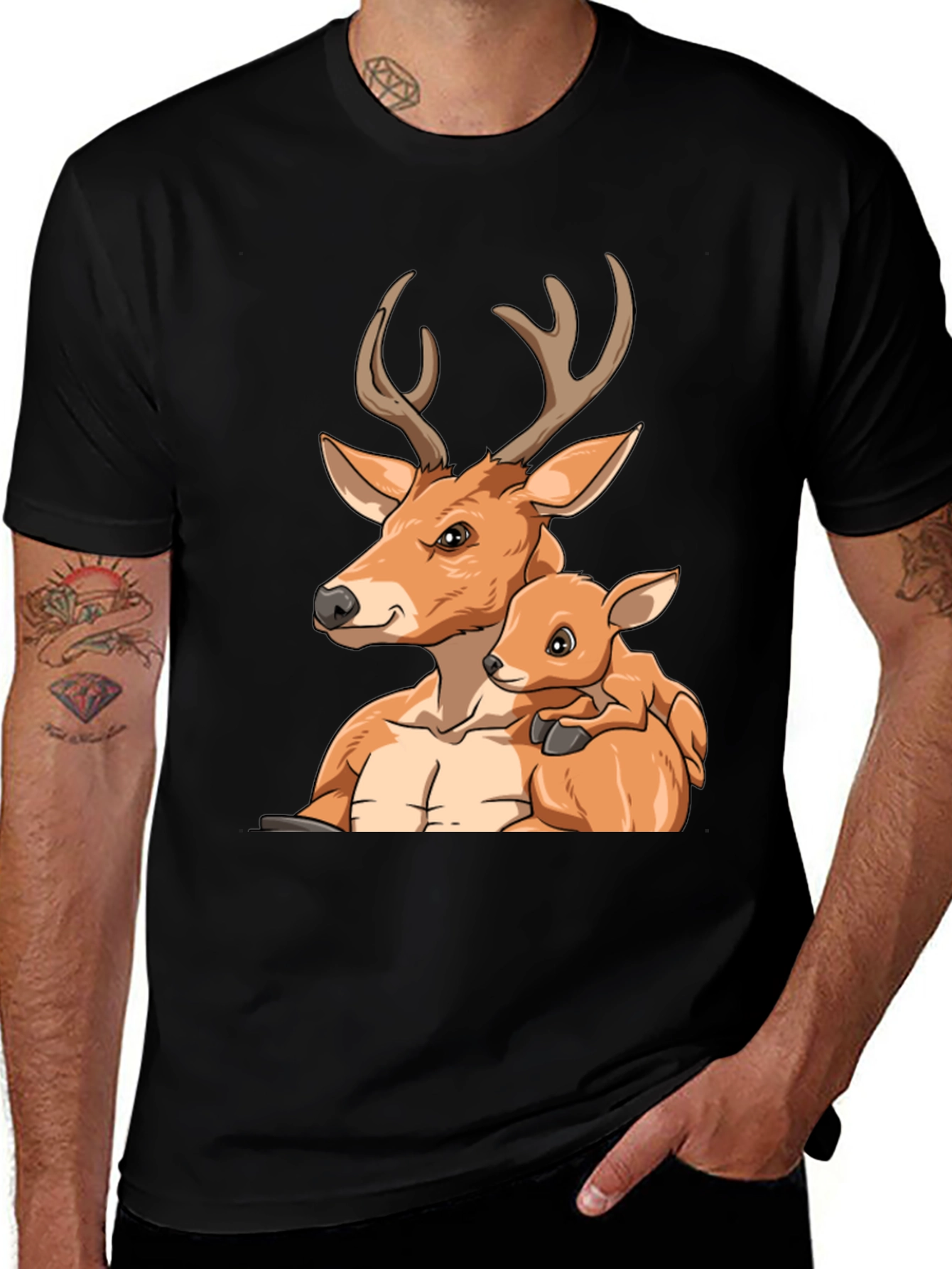 Variant 6 of Deer & Fawn Graphic Tee - Black Cotton Blend T-Shirt