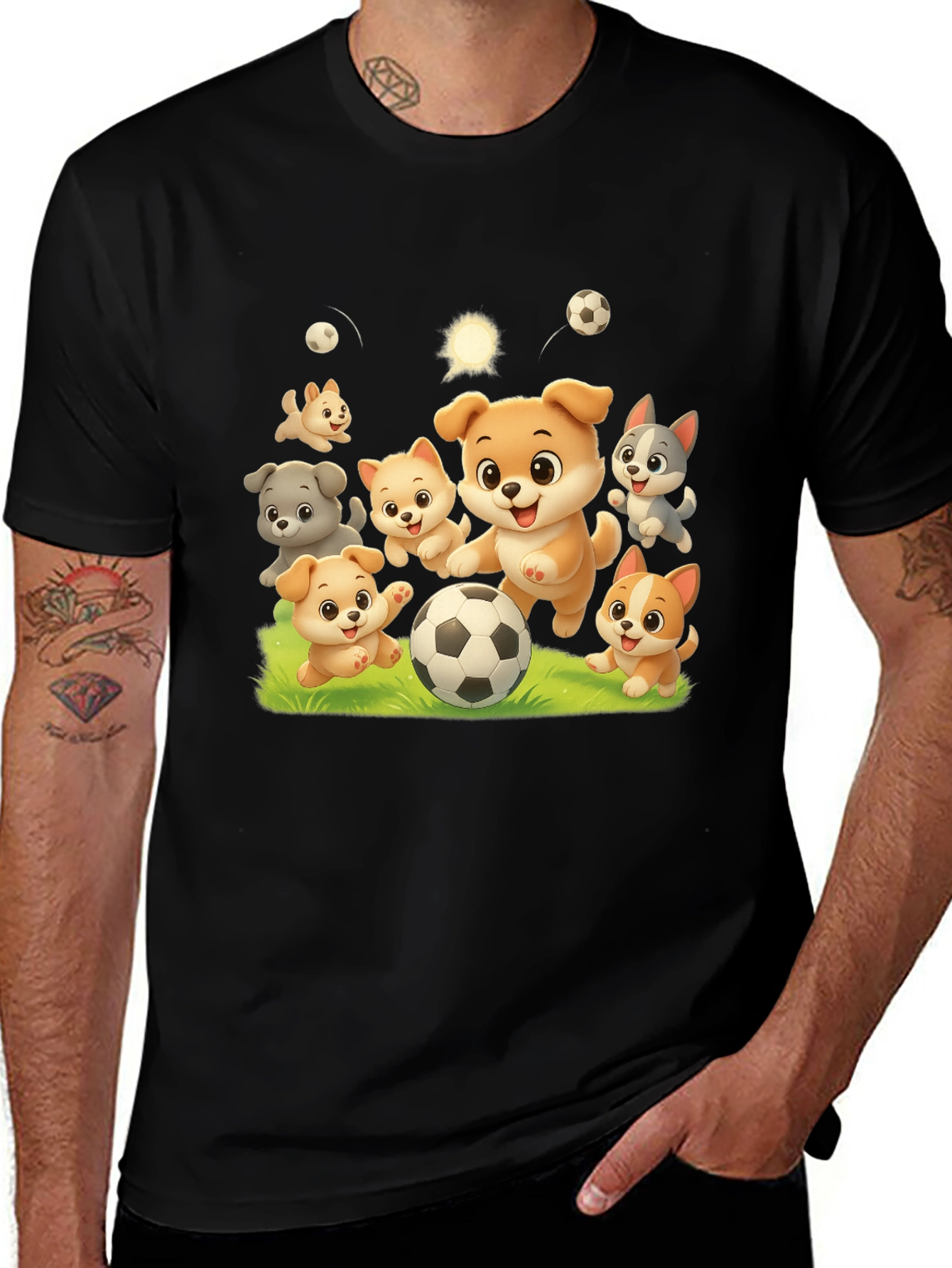 Cute Dogs Playing Soccer Black T-shirt