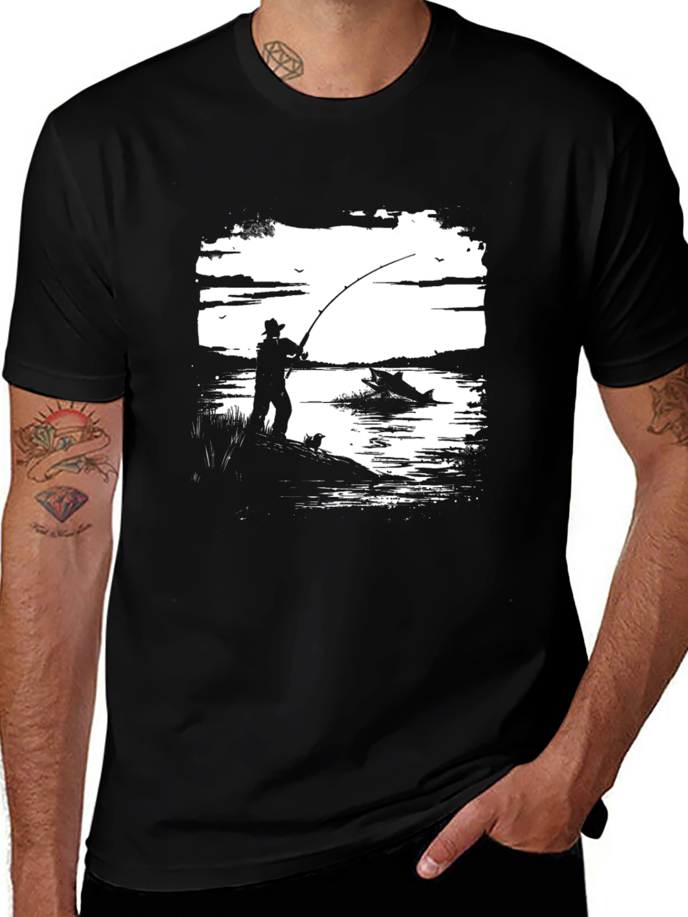 Variant 26 of Fishing Scene Graphic Tee - Black Cotton