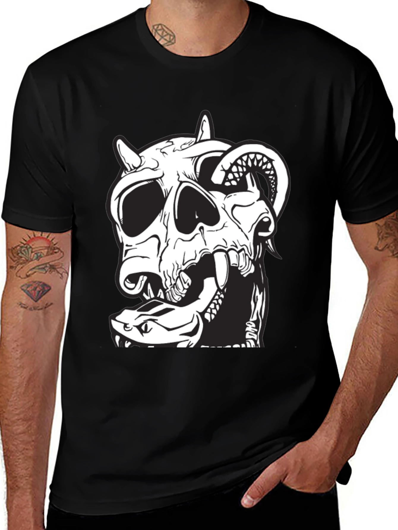 Variant 12 of Skull & Snake Graphic Tee - Black Cotton