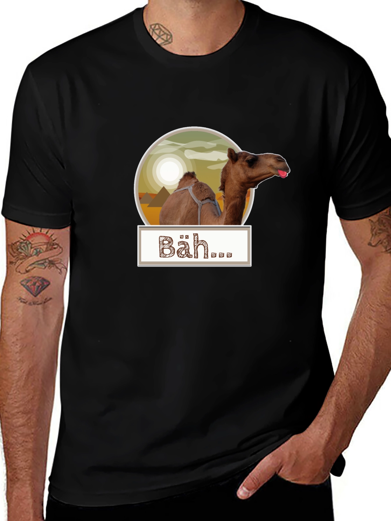 Humorous Camel "Bäh..." Graphic Tee - Black