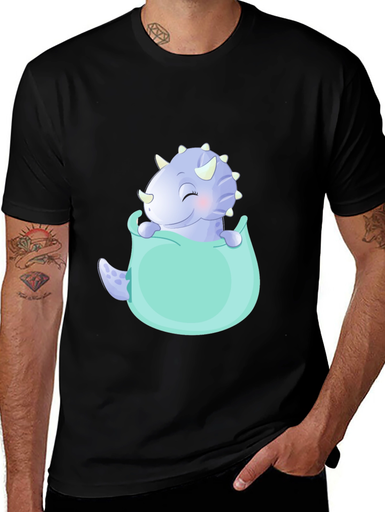 Cute Cartoon Dinosaur Hatching Black T-Shirt