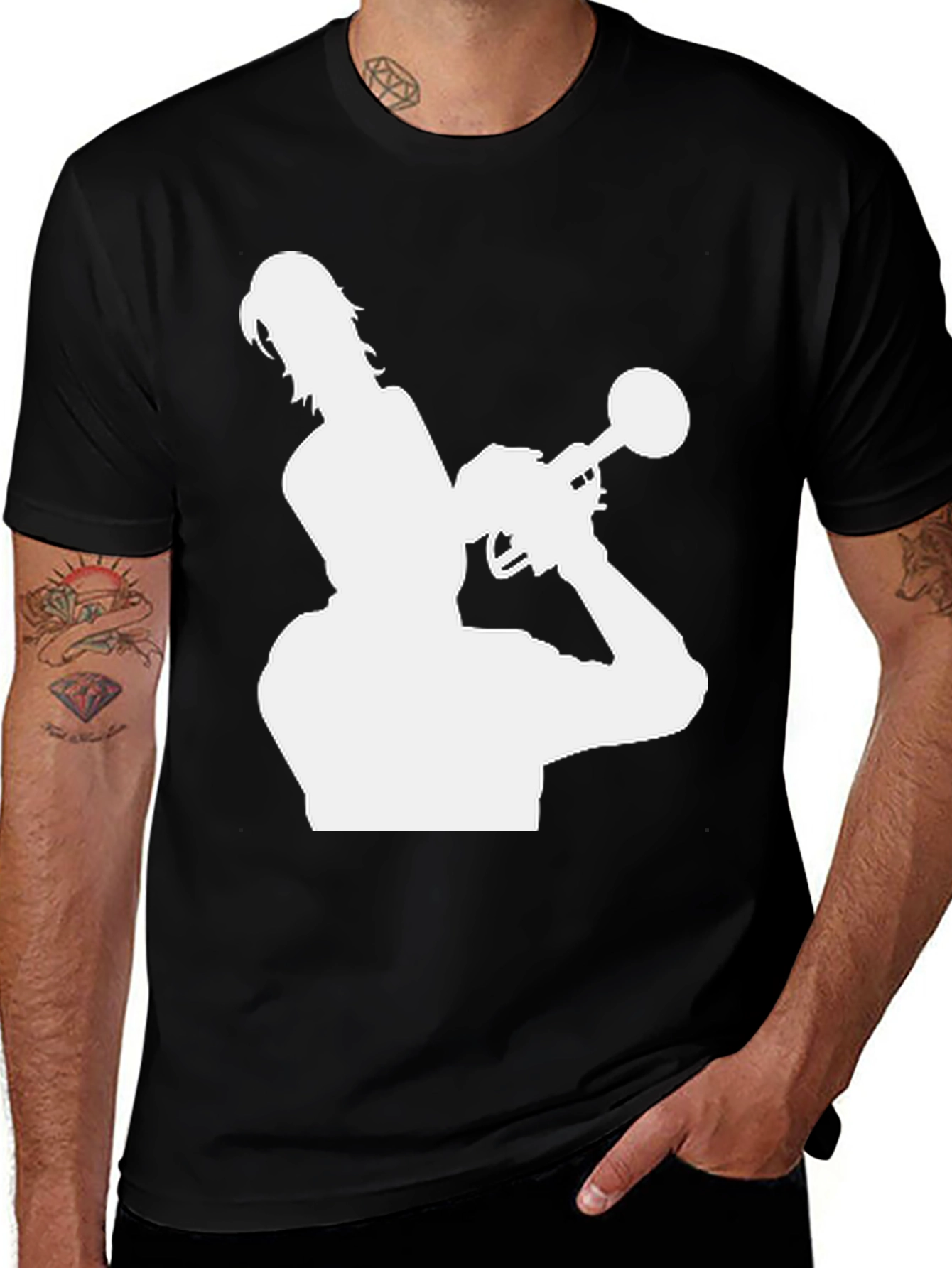 Variant 3 of Trumpet Player Silhouette Graphic Tee - Black Cotton Shirt
