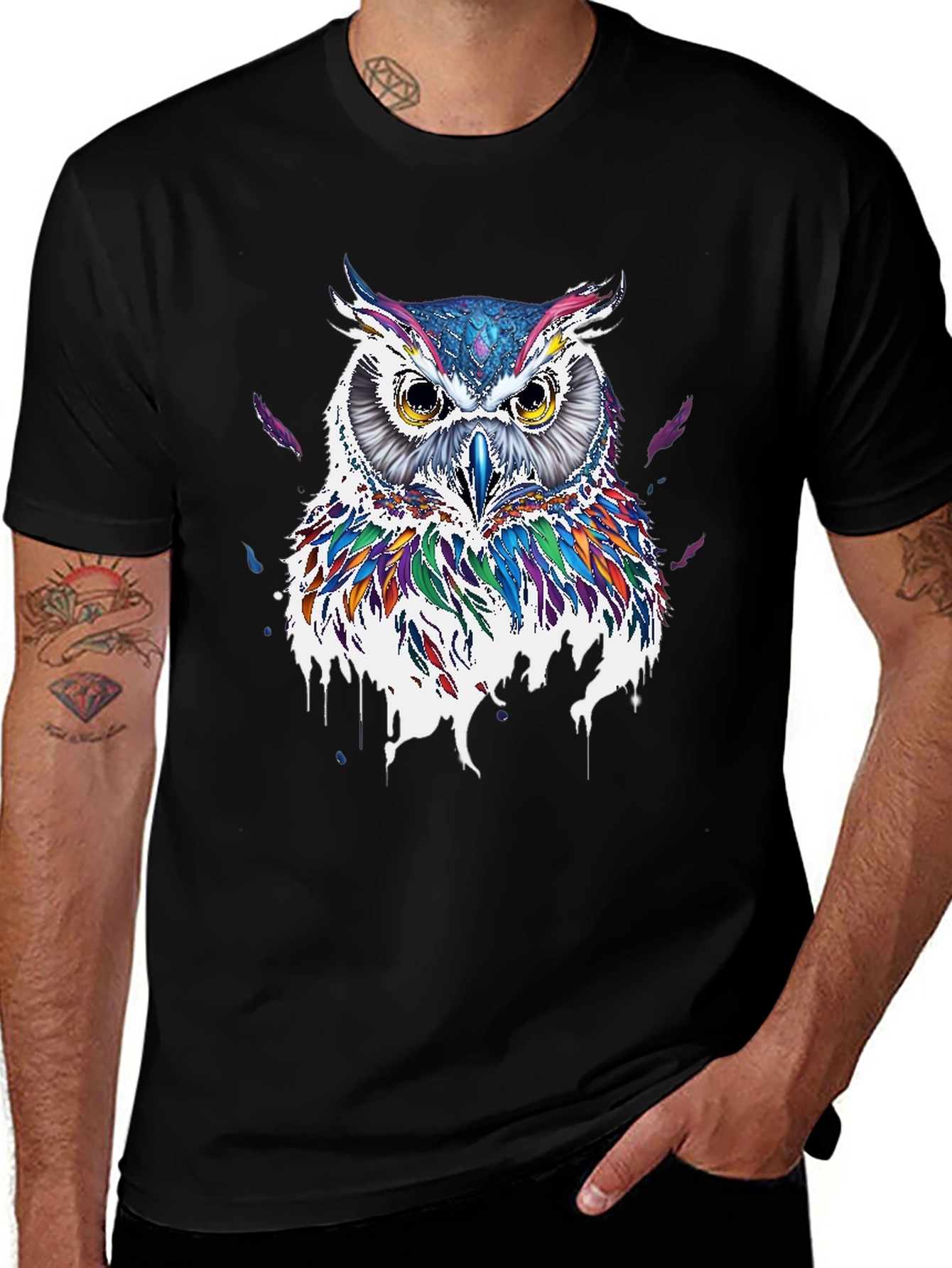 Variant 5 of Colorful Owl Graphic Print Black T-Shirt