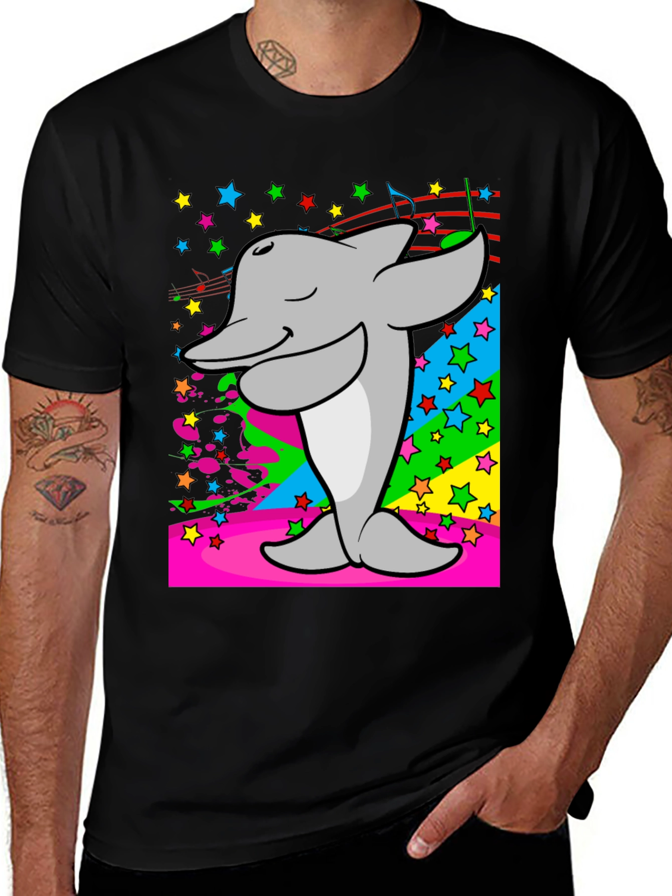 Variant 19 of Dabbing Dolphin Graphic Tee - Men's Black T-Shirt
