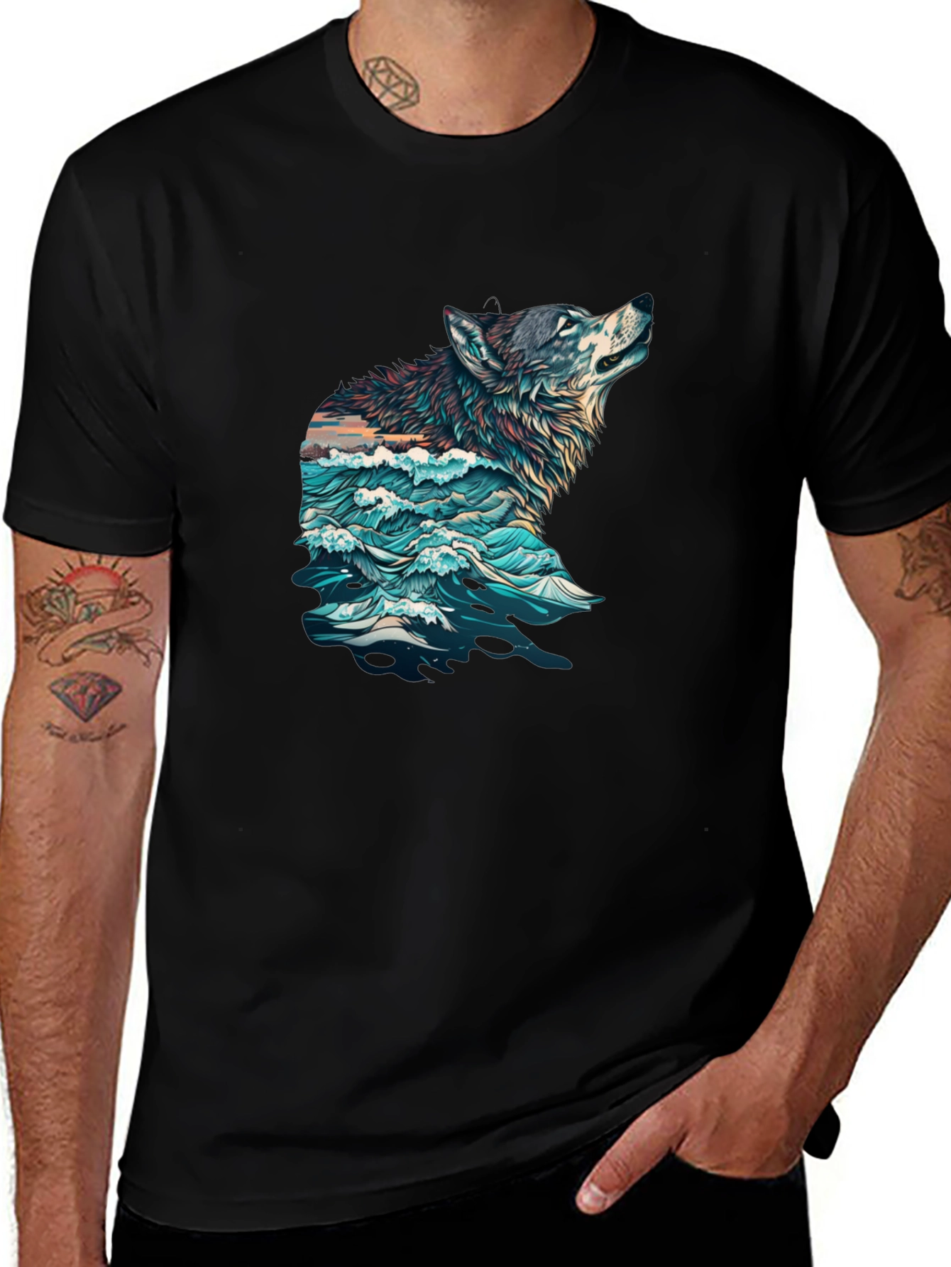 Variant 16 of Wolf & Waves Graphic Tee - Men's Black T-Shirt