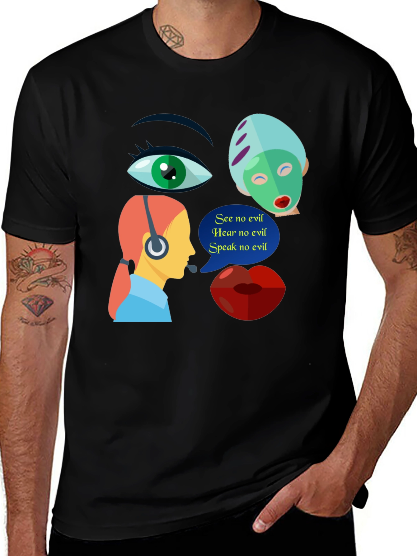 Variant 4 of Unique Graphic Tee - See No Evil, Hear No Evil, Speak No Evil