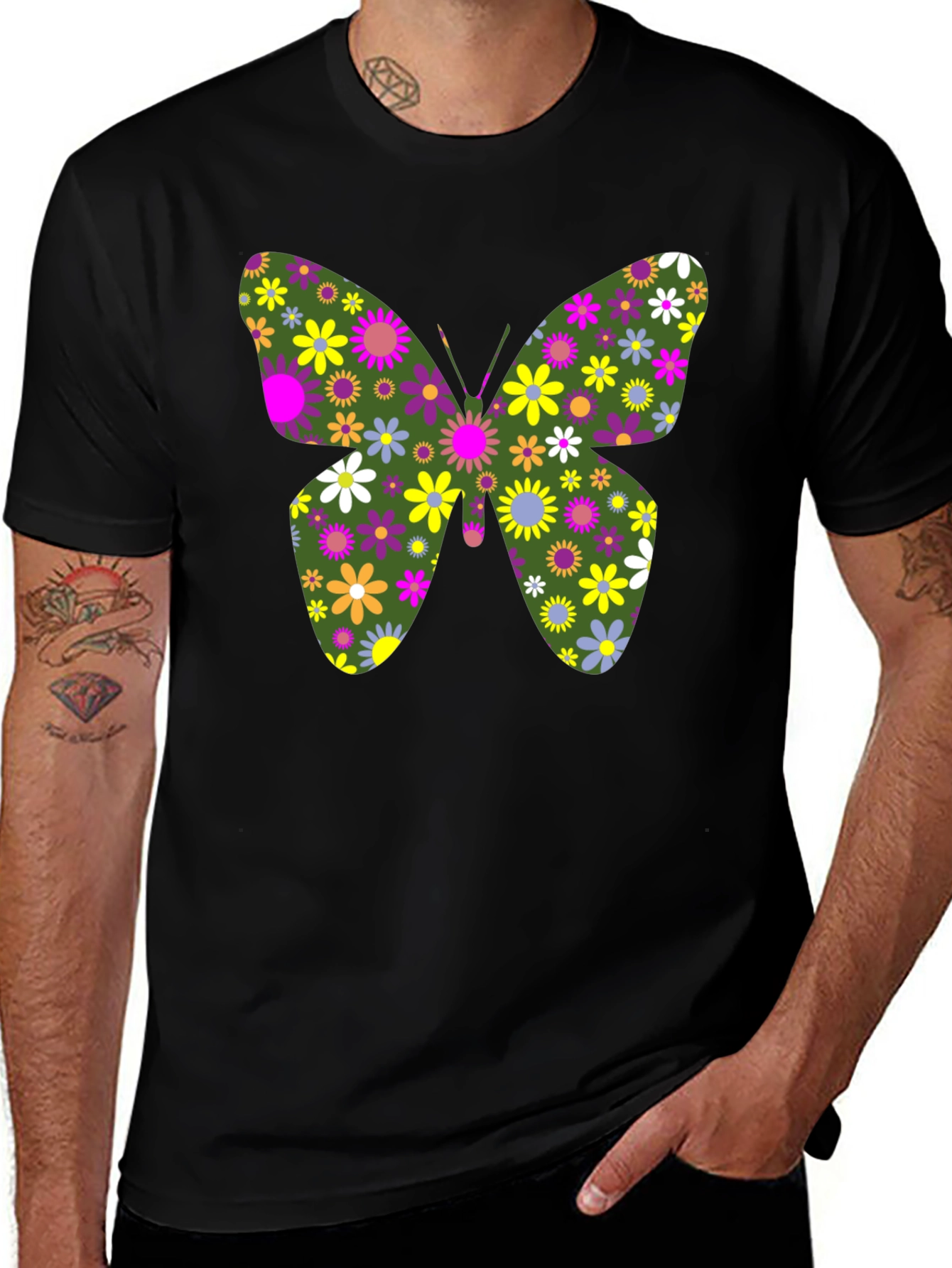 Variant 26 of Floral Butterfly Graphic Tee - Unisex Black T-Shirt